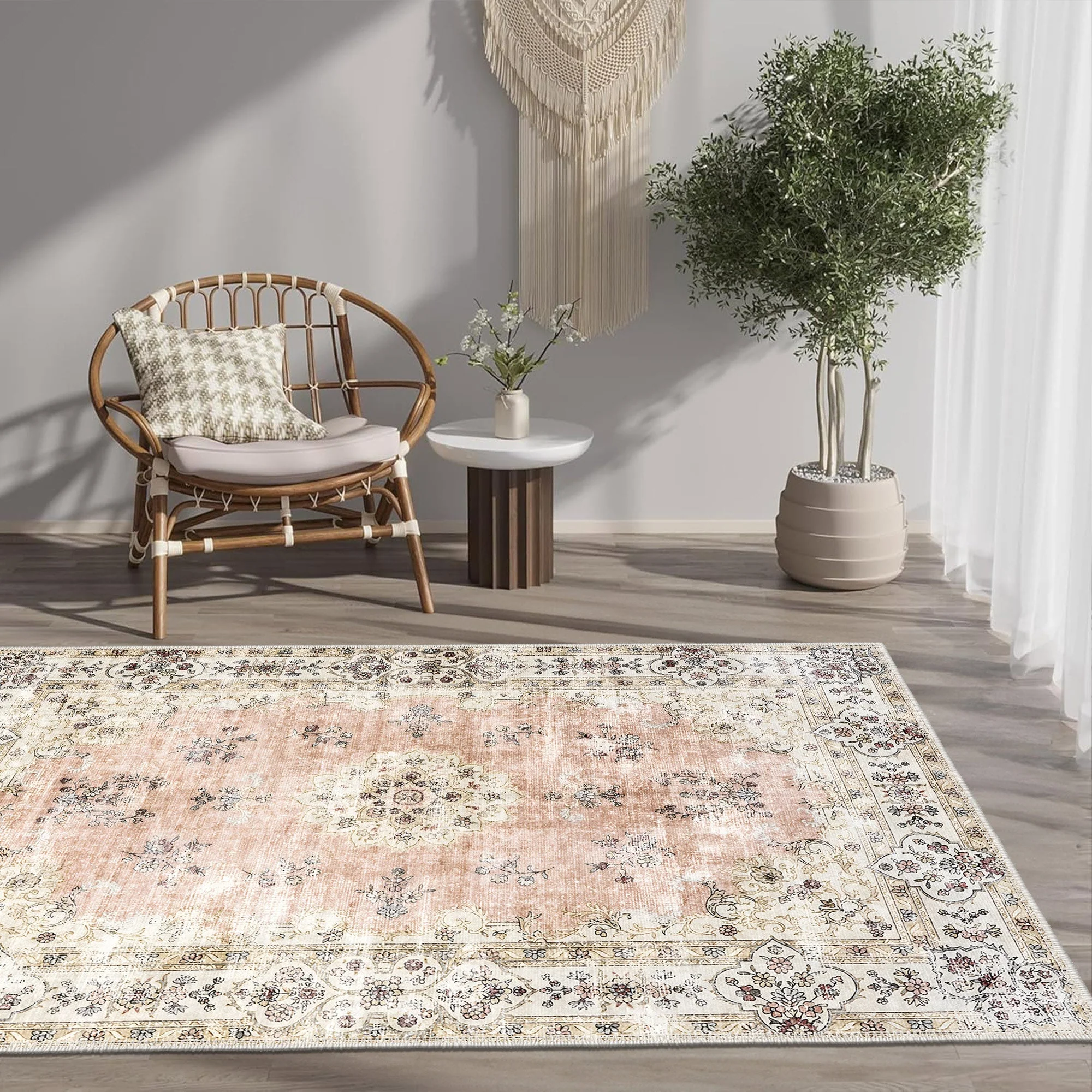 Traditional Peach Machine Washable Cotton Area Rug - Image 3