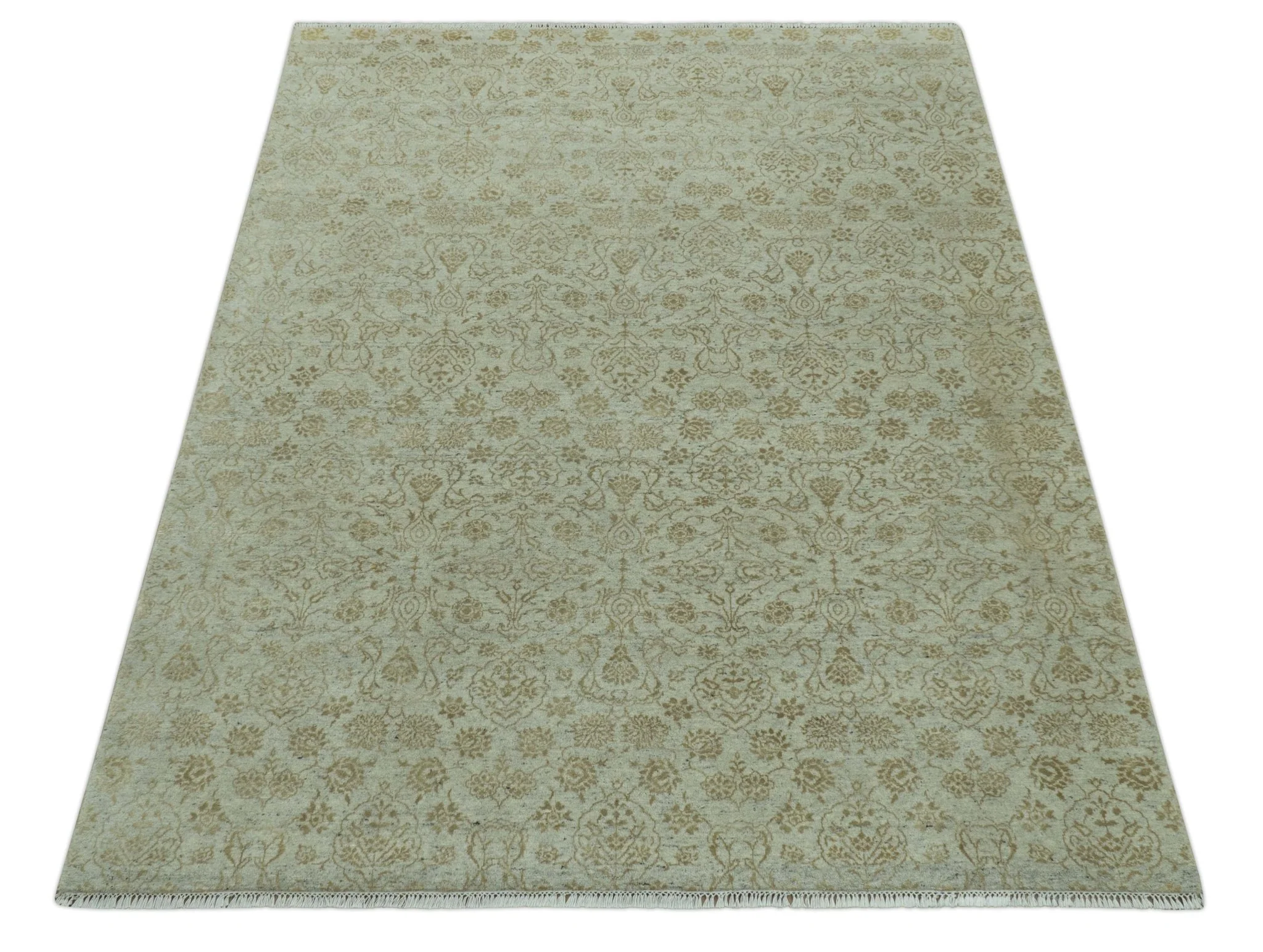 Traditional Design Ivory, Silver and Brown 7x9 Hand Knotted wool rug - Image 11