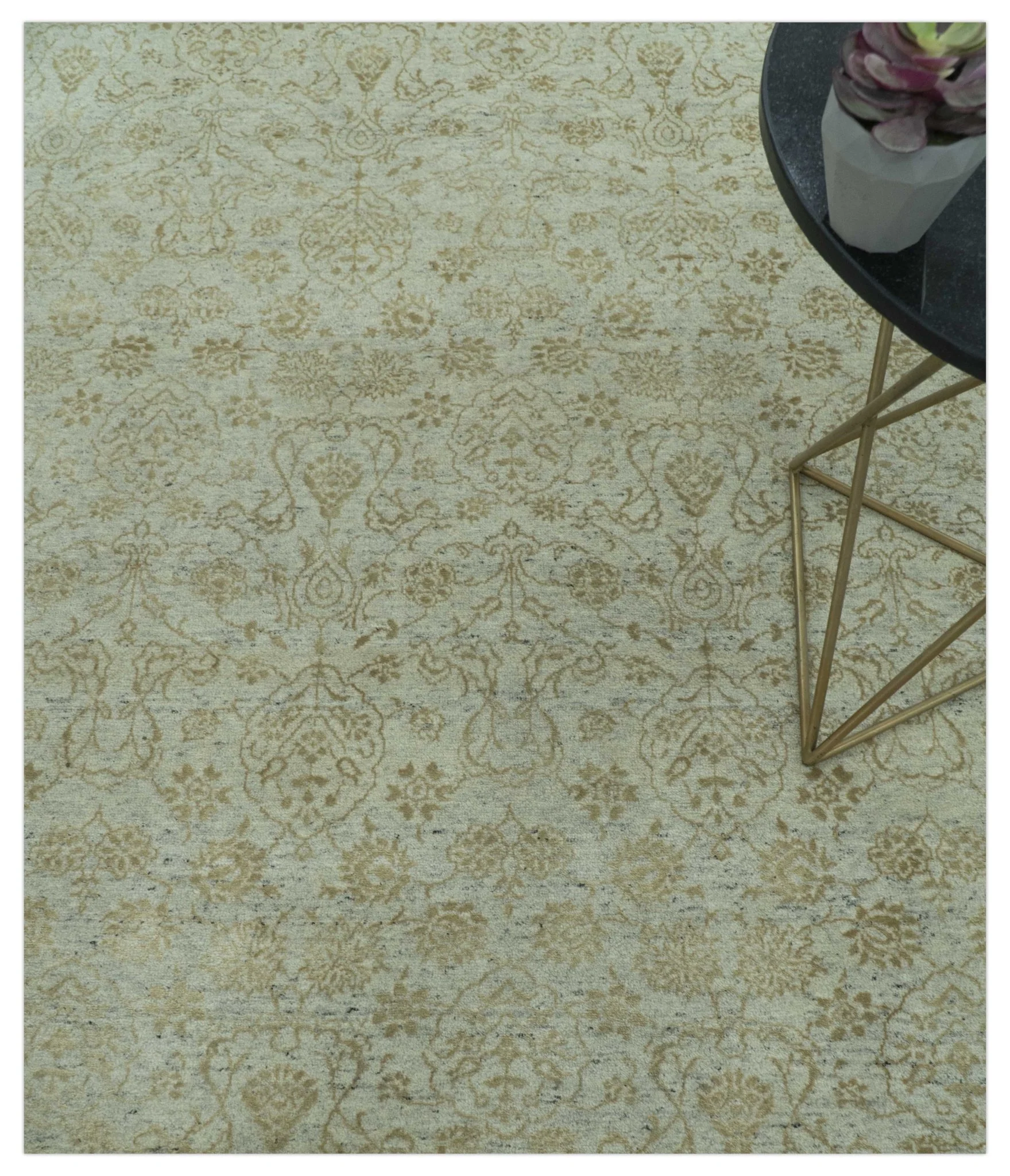 Traditional Design Ivory, Silver and Brown 7x9 Hand Knotted wool rug - Image 2