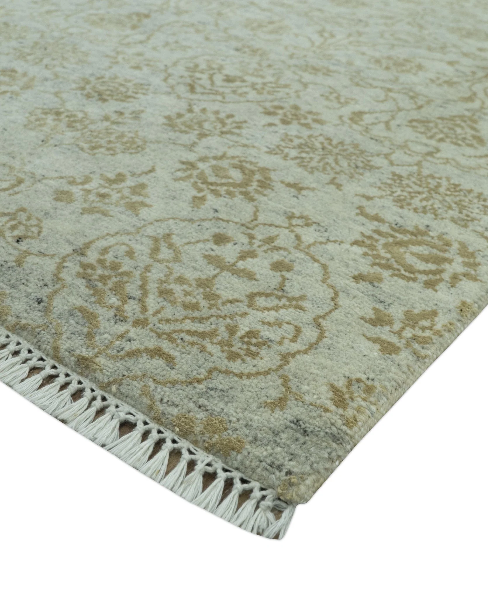 Traditional Design Ivory, Silver and Brown 7x9 Hand Knotted wool rug - Image 8