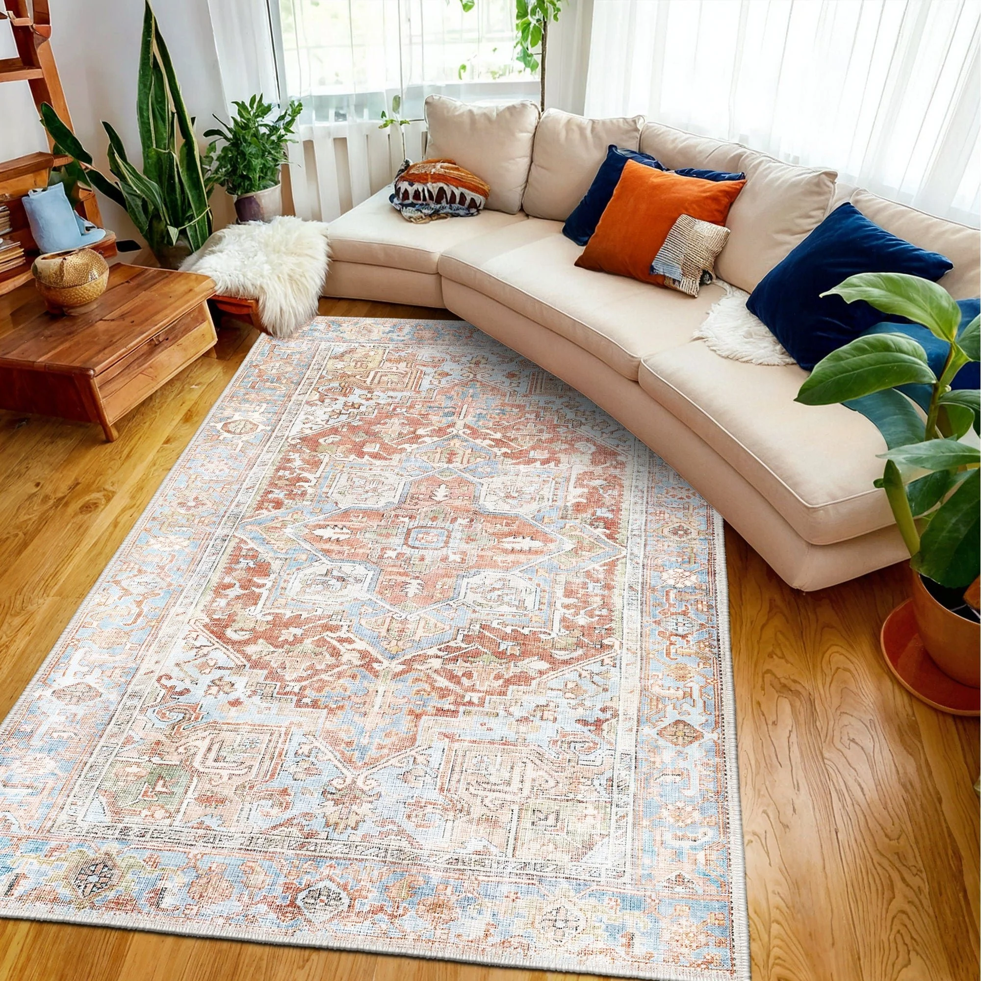 Traditional Rust And Beige Machine Washable Cotton Area Rug - Image 3