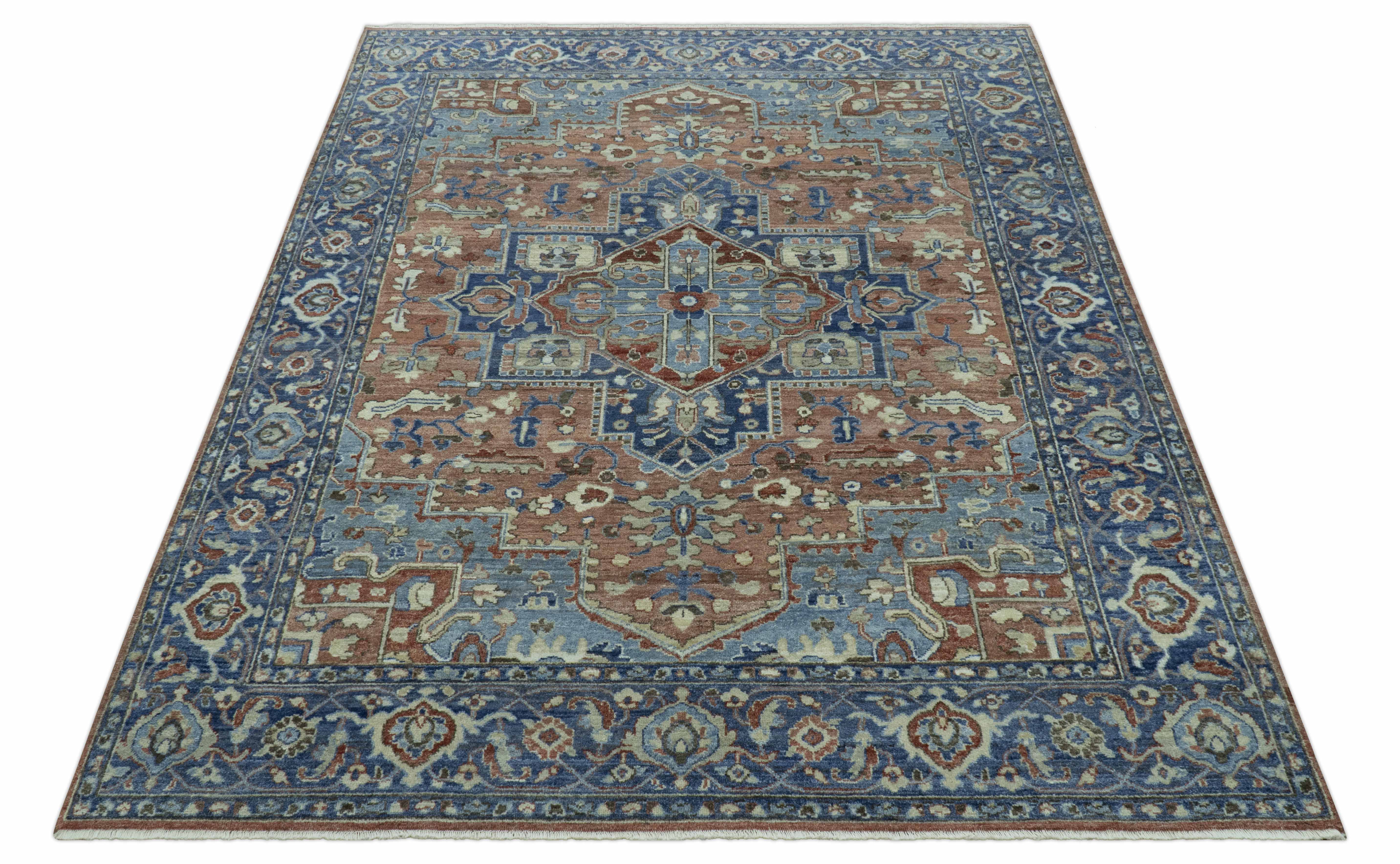 Traditional Serapi Design Rust And Blue Hand Knotted 8x10 Wool Area Rug - Image 11