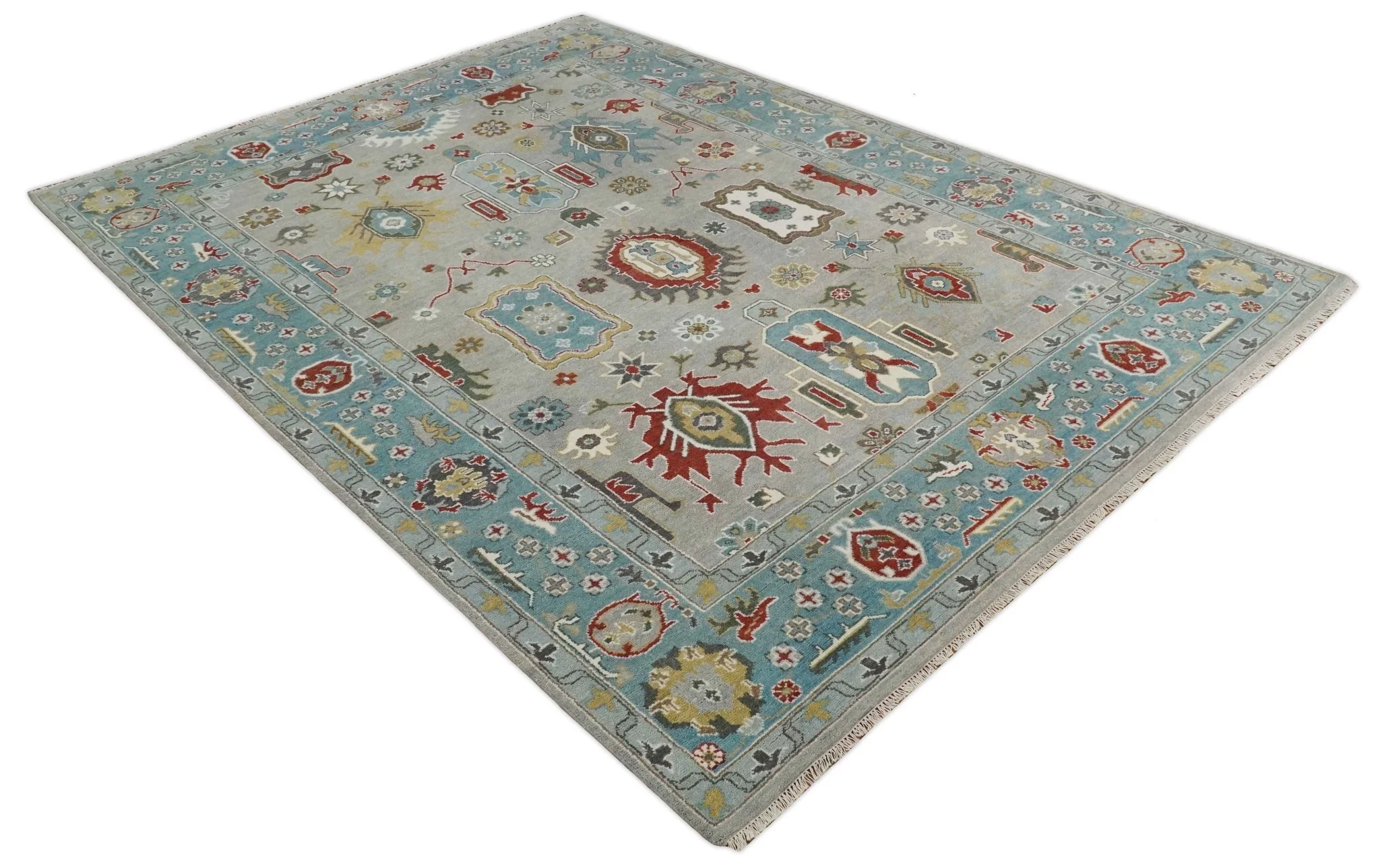 10x14 All Wool Traditional Silver and Blue Vibrant Colorful Hand knotted Oushak Area Rug - Image 10