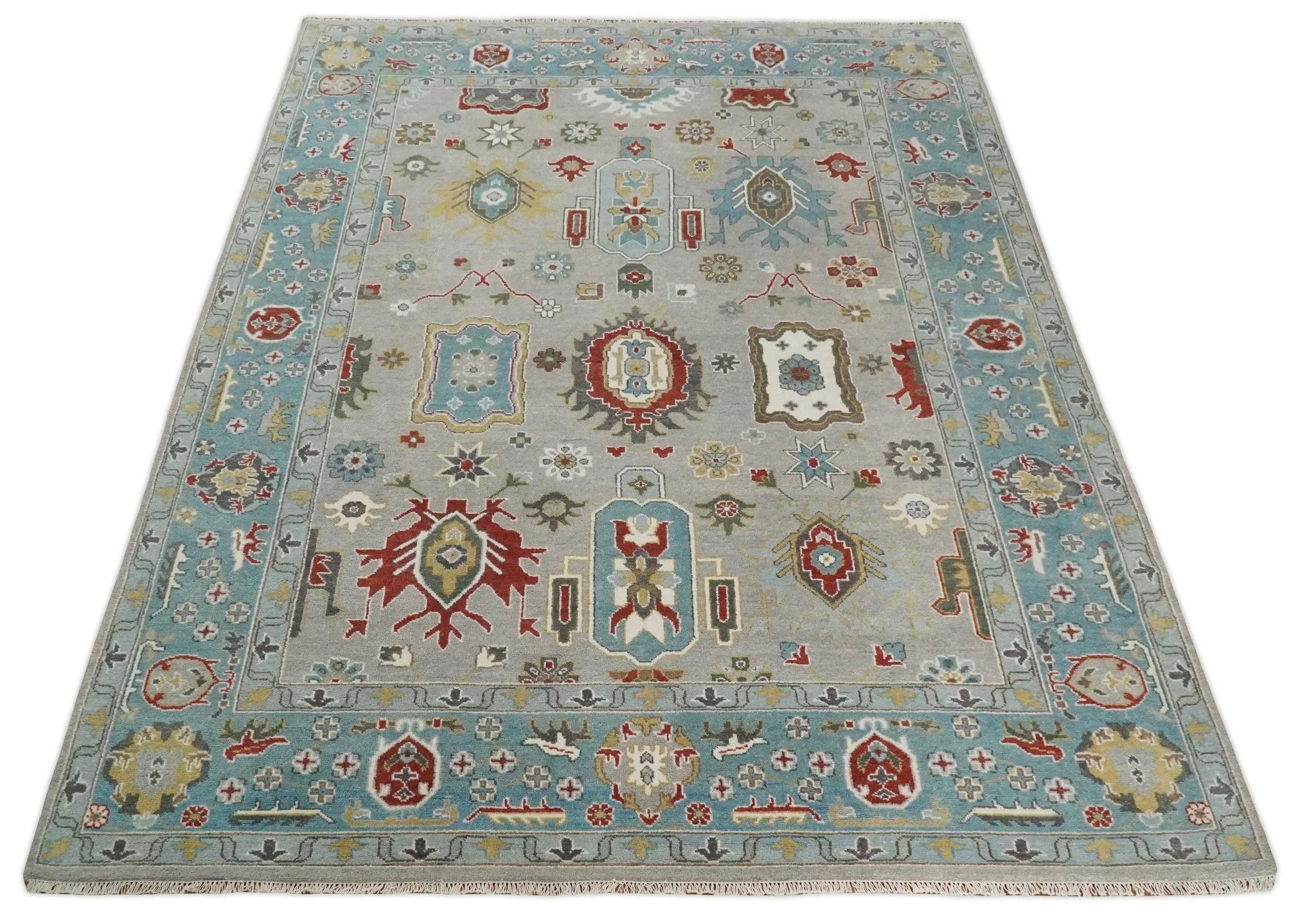 10x14 All Wool Traditional Silver and Blue Vibrant Colorful Hand knotted Oushak Area Rug - Image 11