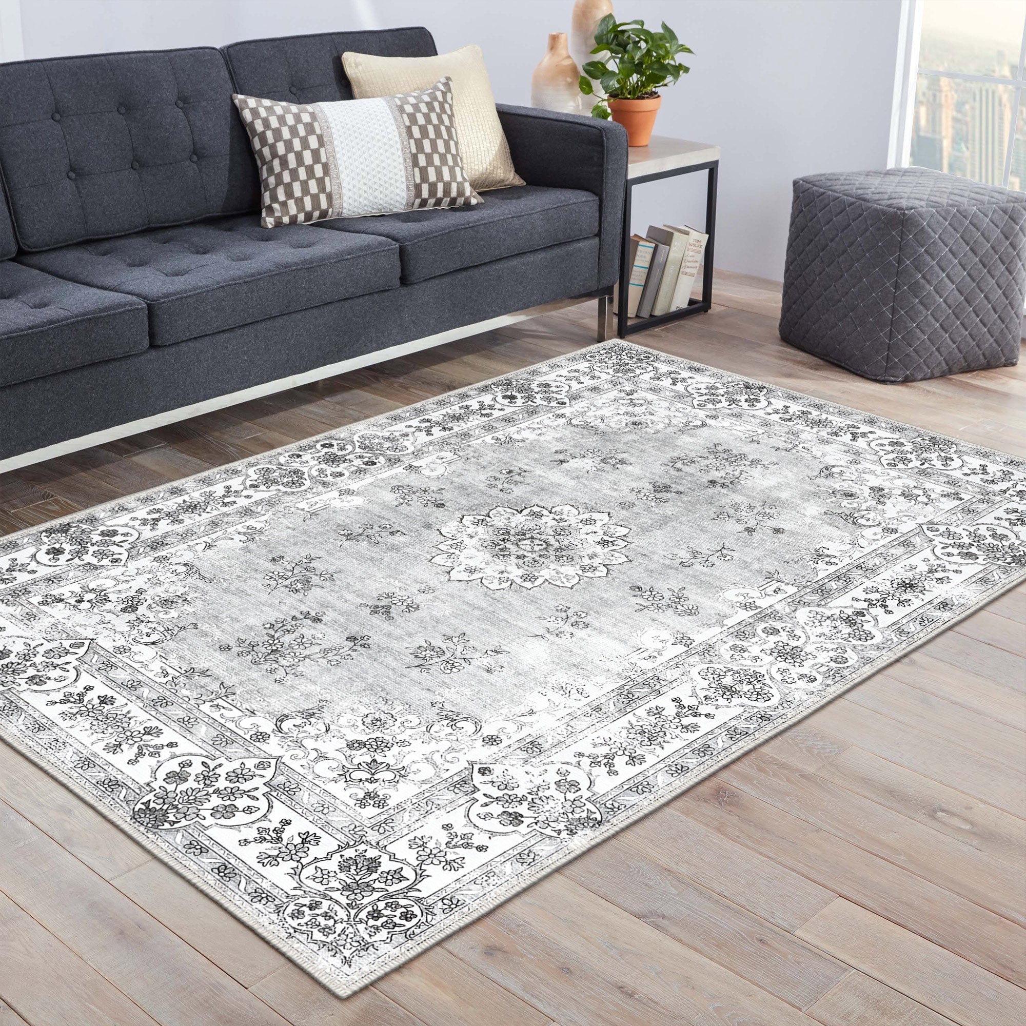 Traditional Silver And White Machine Washable Cotton Area Rug - Image 2