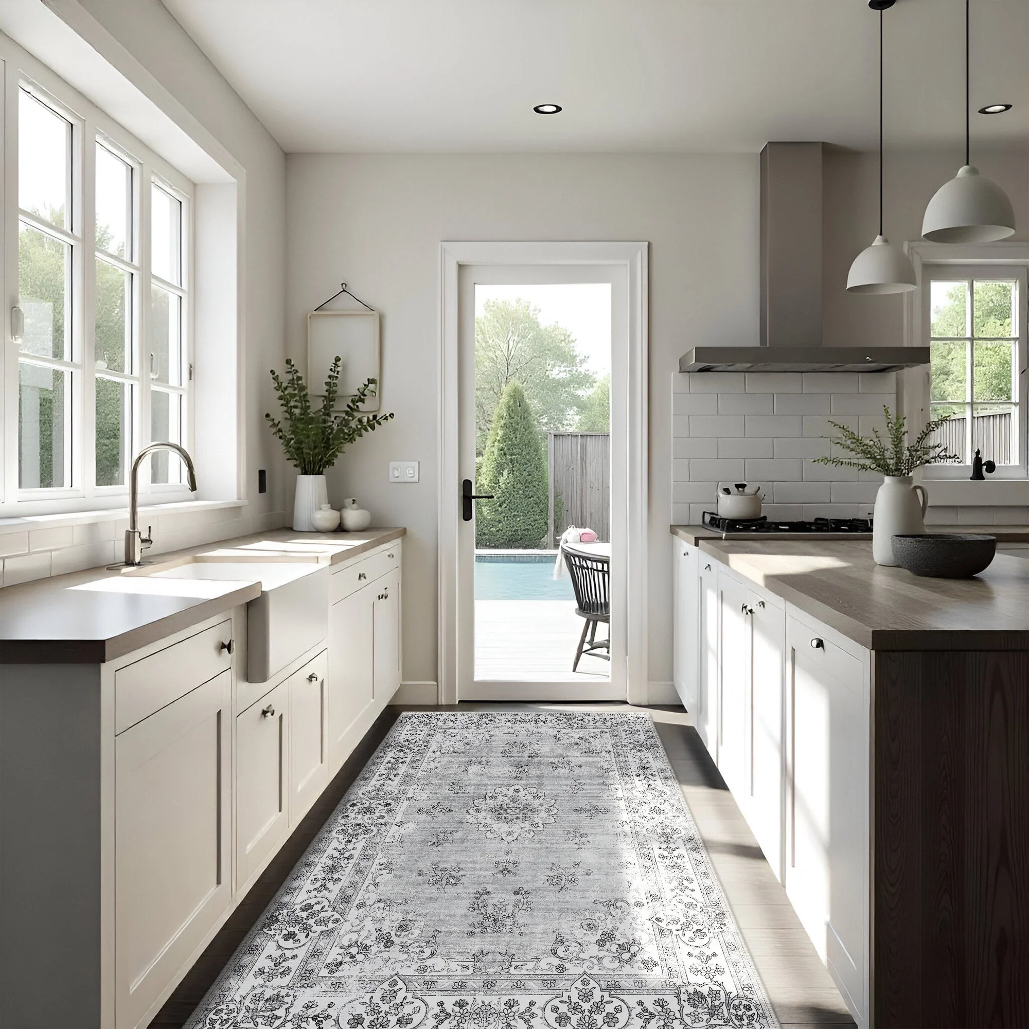 Traditional Silver And White Machine Washable Cotton Area Rug - Image 3