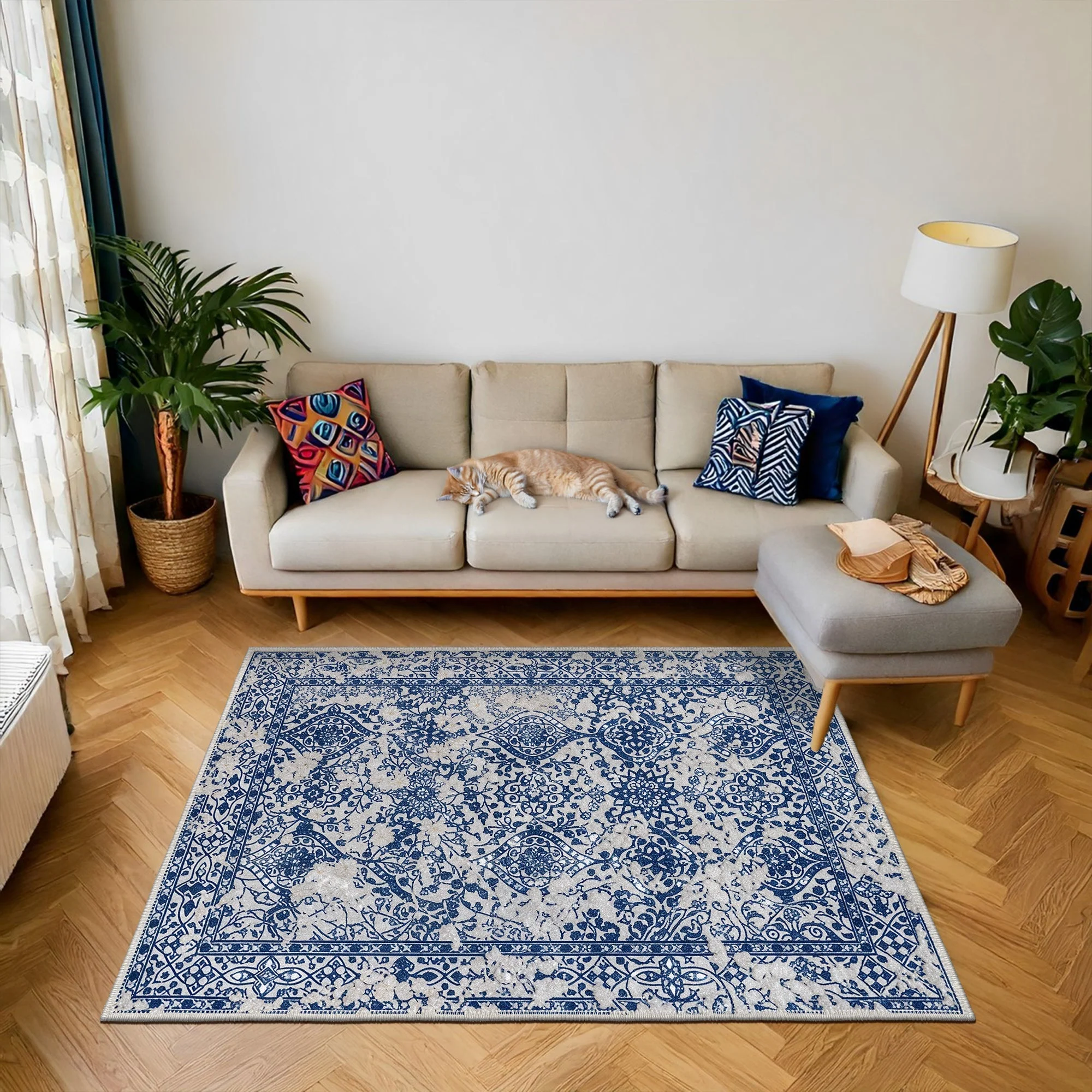Transitional Style Blue Machine Washable Cotton Area Rug - Image 2