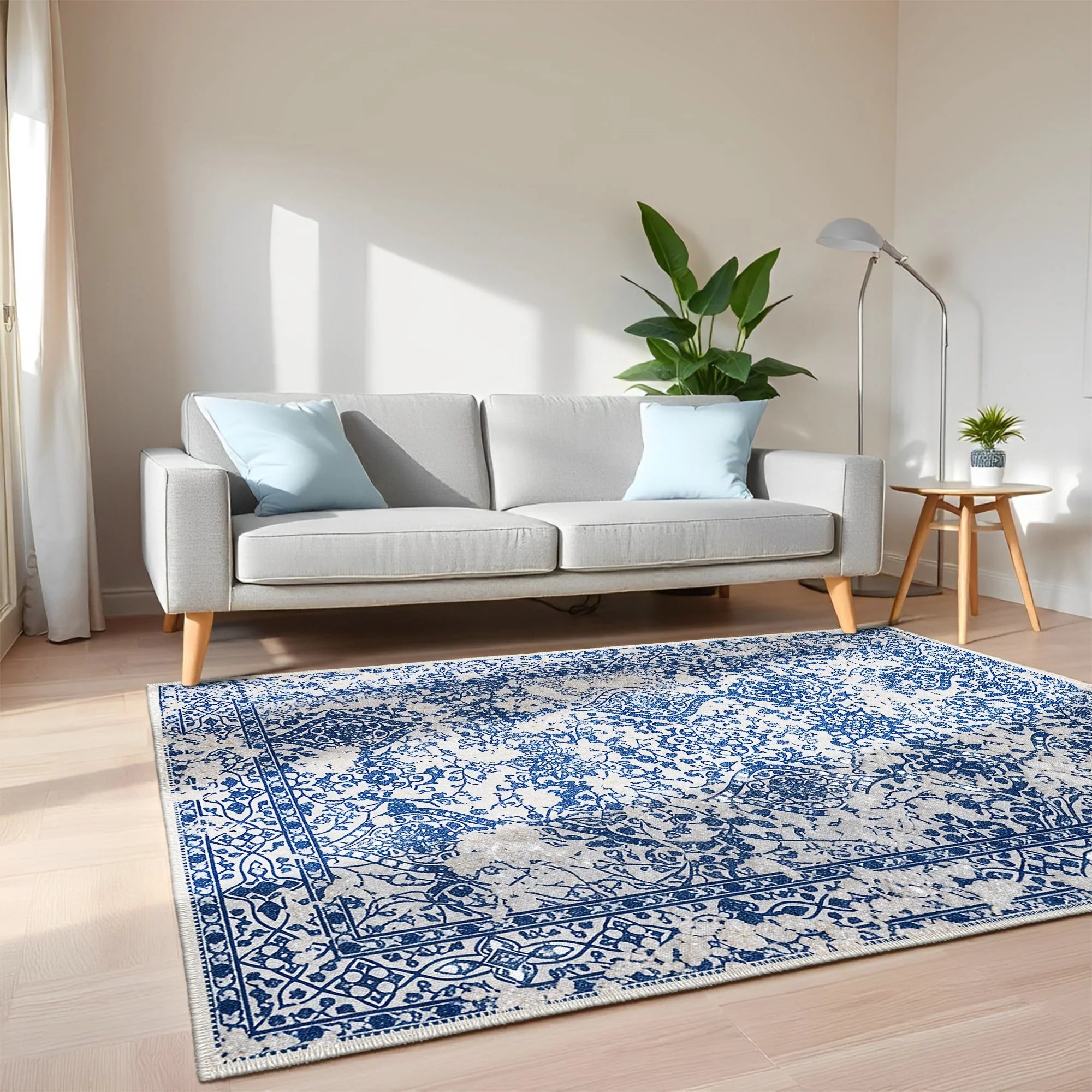Transitional Style Blue Machine Washable Cotton Area Rug - Image 3