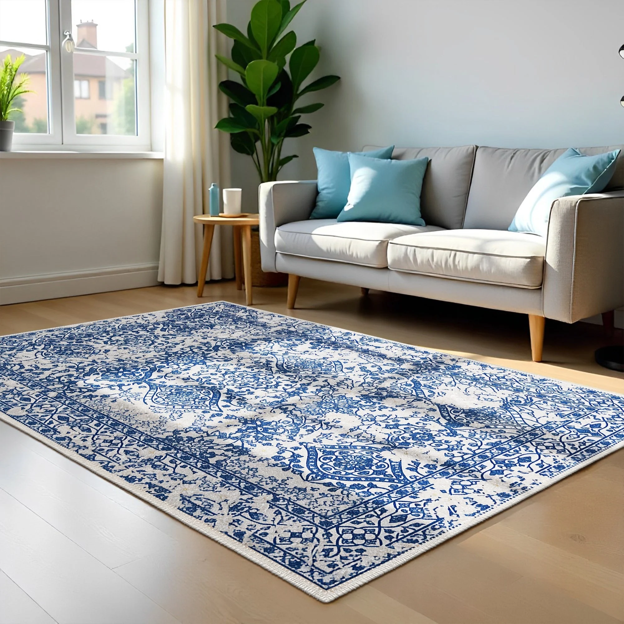 Transitional Style Blue Machine Washable Cotton Area Rug - Image 5