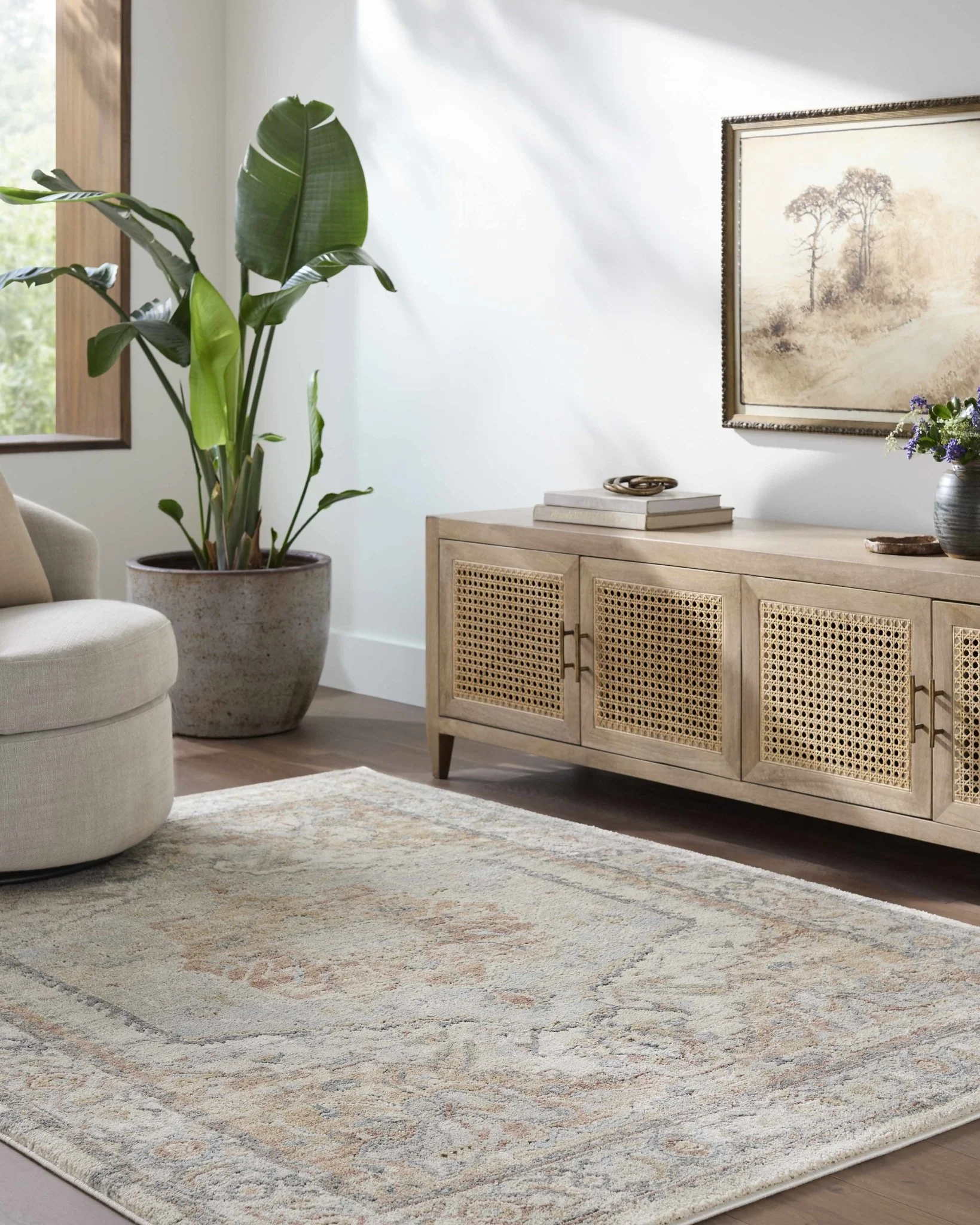 Traditional Style Tan And Blue Machine Woven Rug - Image 2
