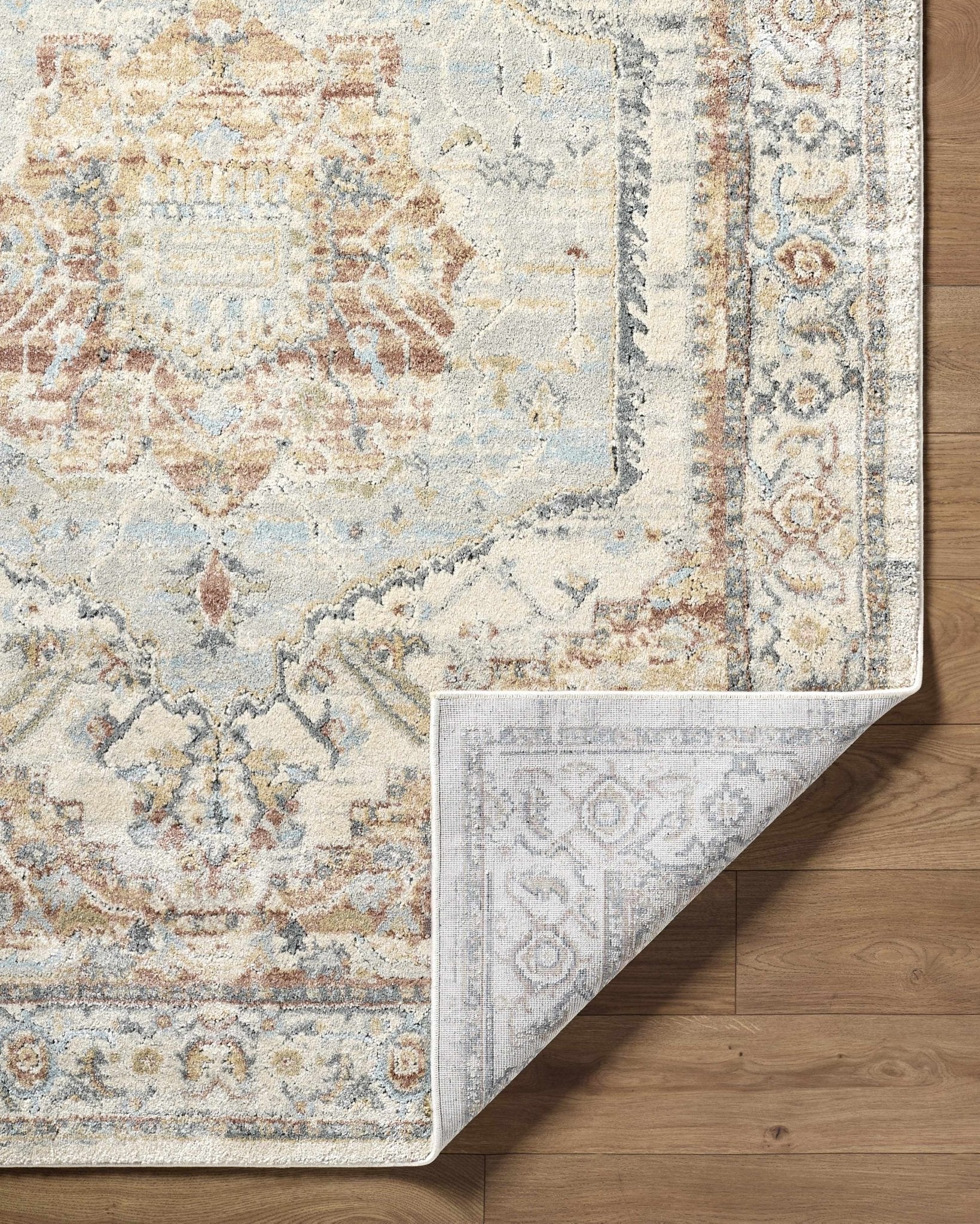 Traditional Style Tan And Blue Machine Woven Rug - Image 3