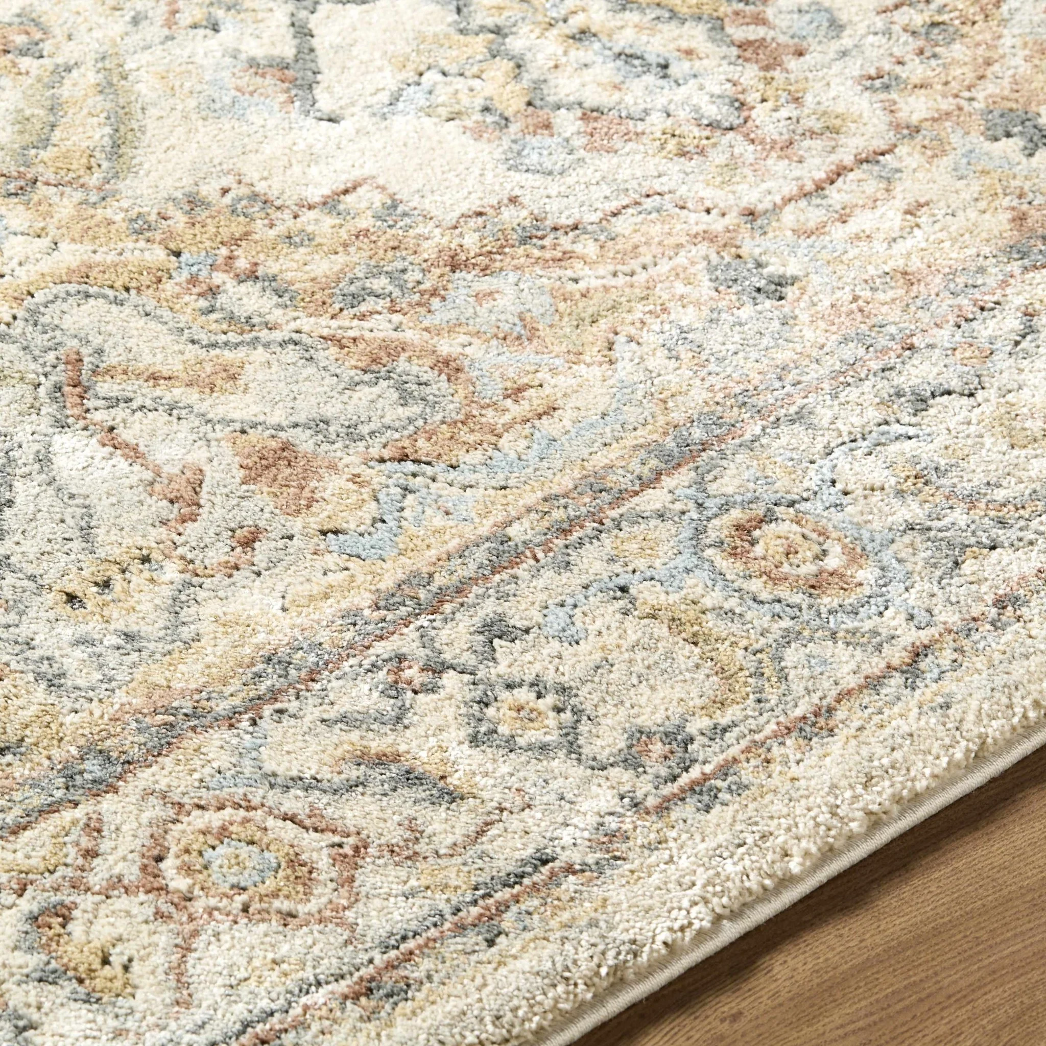 Traditional Style Tan And Blue Machine Woven Rug - Image 4