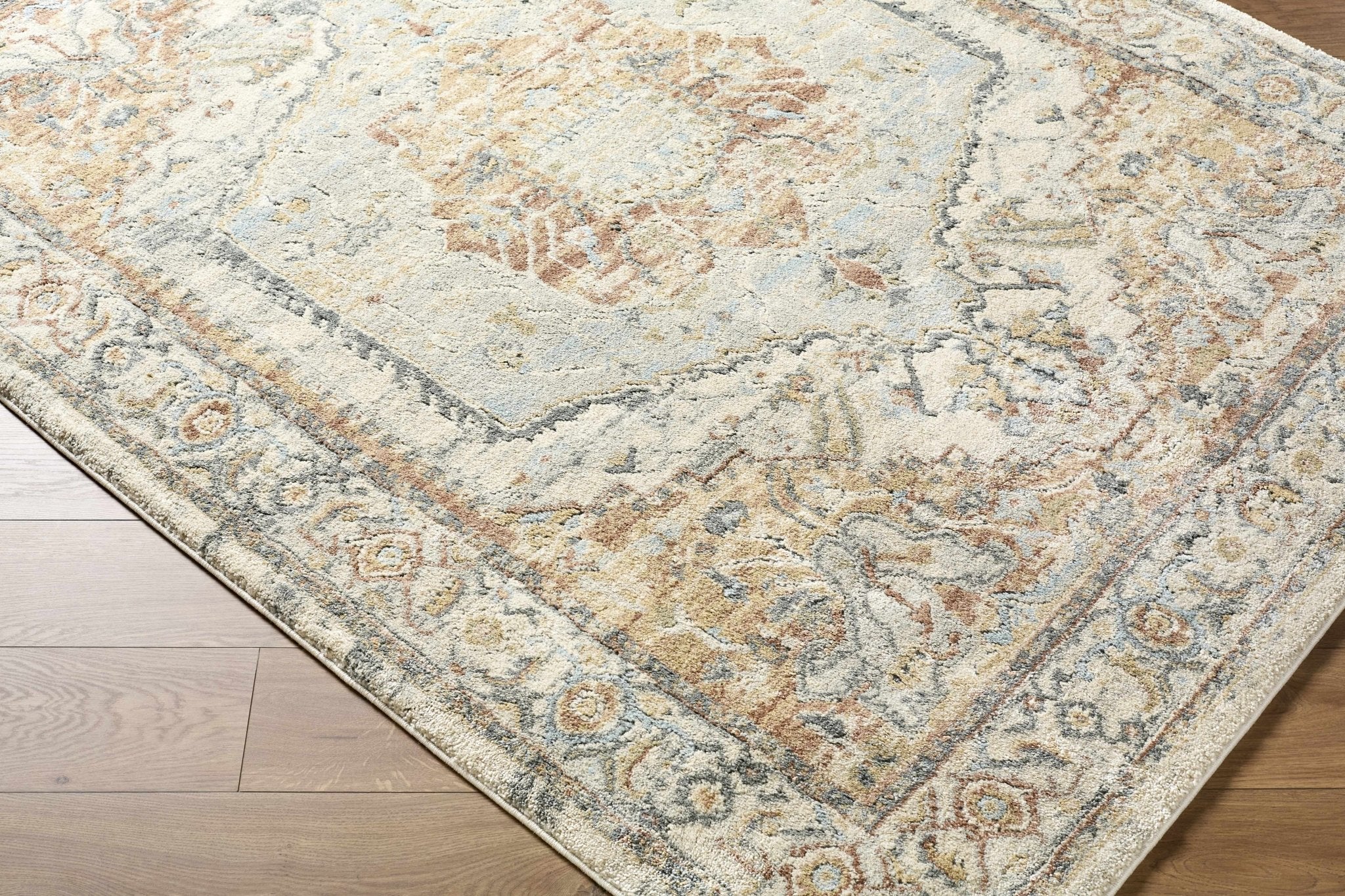 Traditional Style Tan And Blue Machine Woven Rug - Image 6
