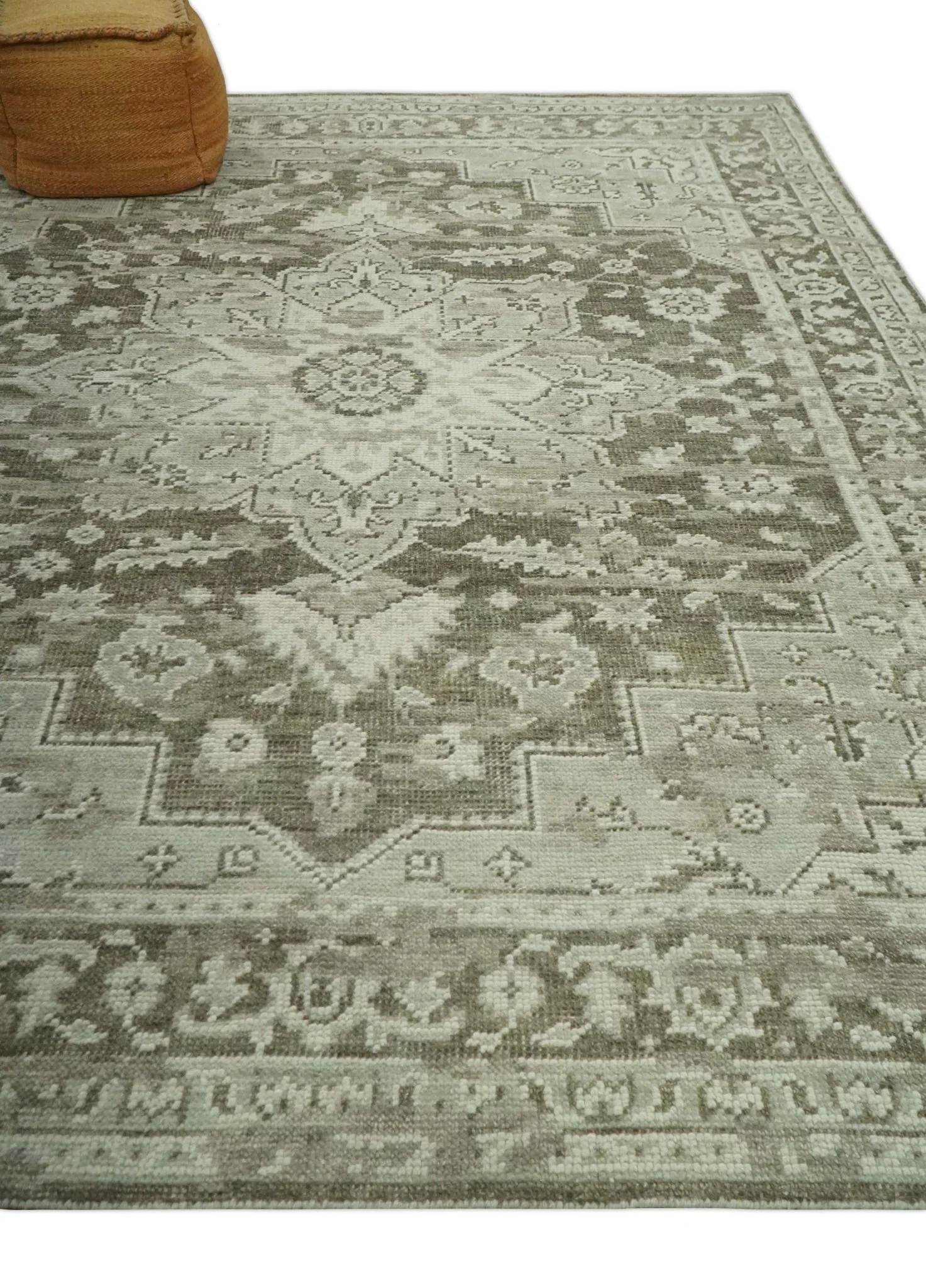 Traditional Turkish Design Beige And Brown Hand Knotted Custom Made wool rug - Image 9