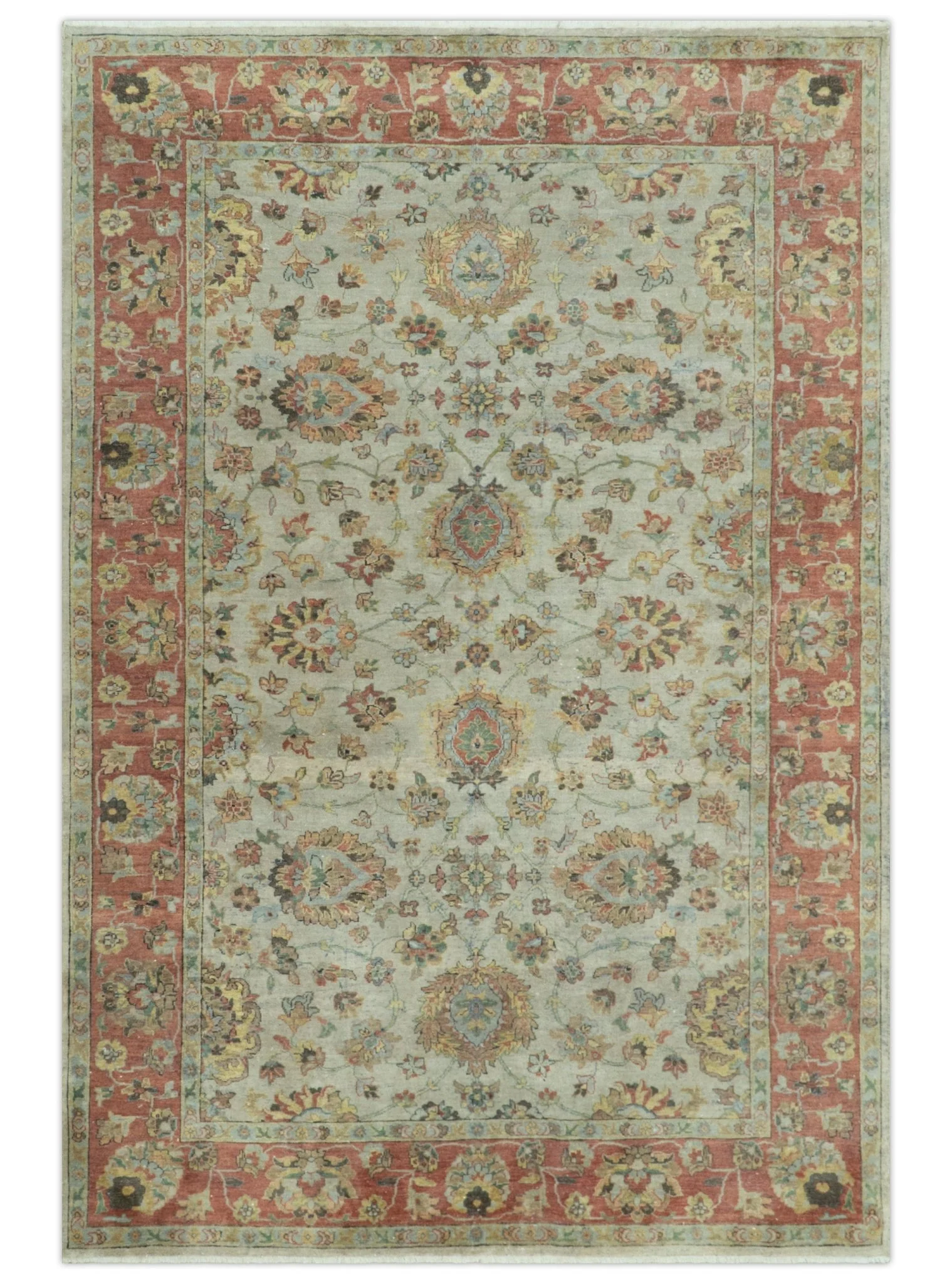 Traditional Turkish Design Beige and Rust 6x8.6 Hand Knotted Wool Area Rug - Image 10