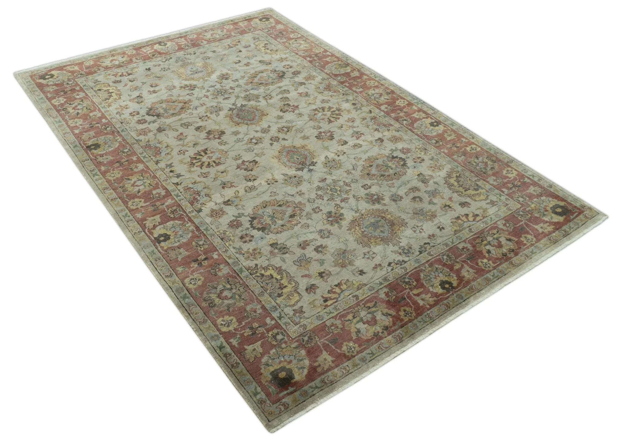 Traditional Turkish Design Beige and Rust 6x8.6 Hand Knotted Wool Area Rug - Image 11