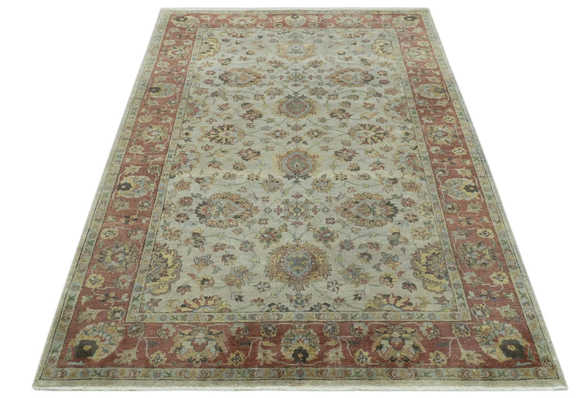 Traditional Turkish Design Beige and Rust 6x8.6 Hand Knotted Wool Area Rug - Image 12