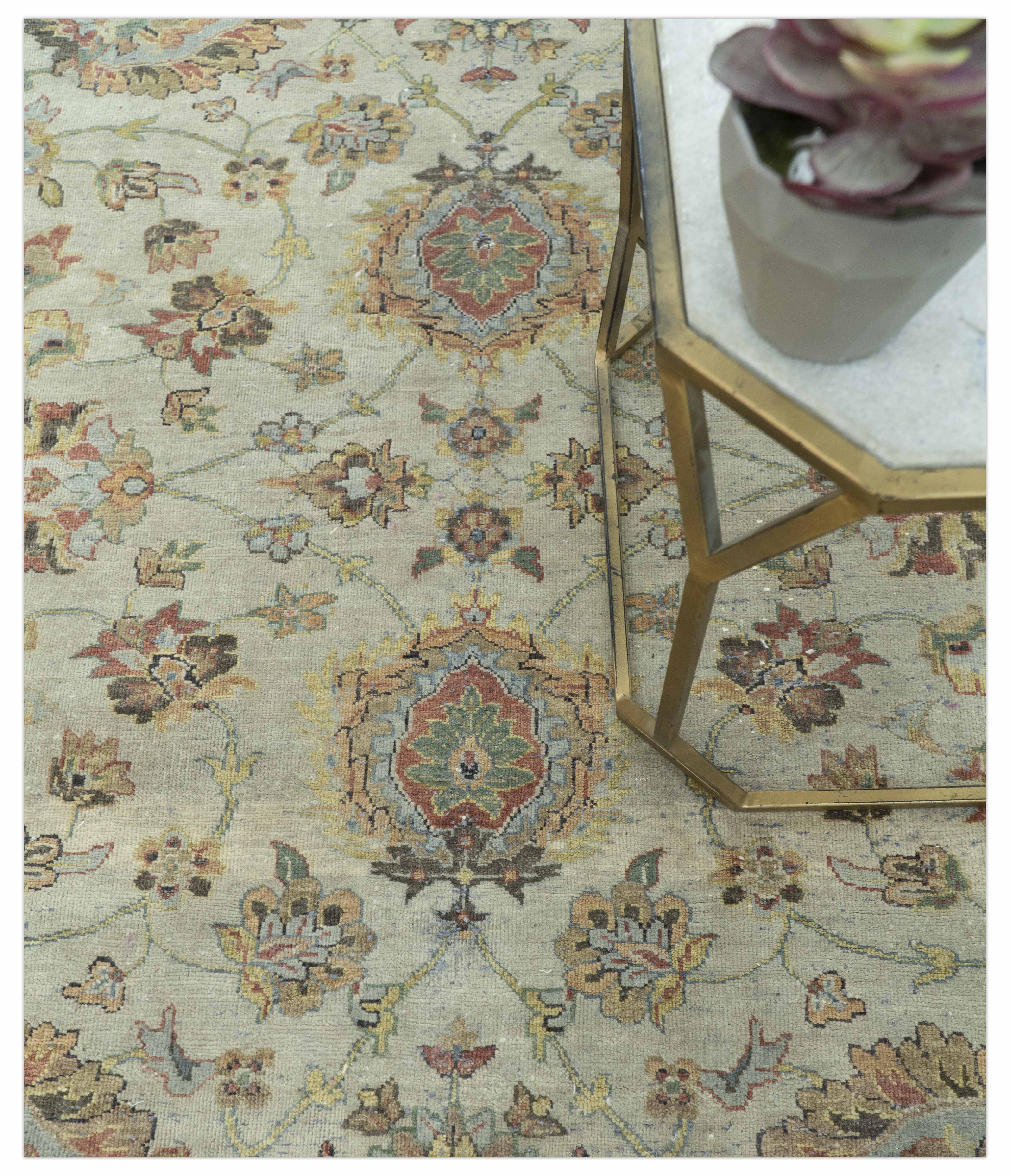 Traditional Turkish Design Beige and Rust 6x8.6 Hand Knotted Wool Area Rug - Image 3