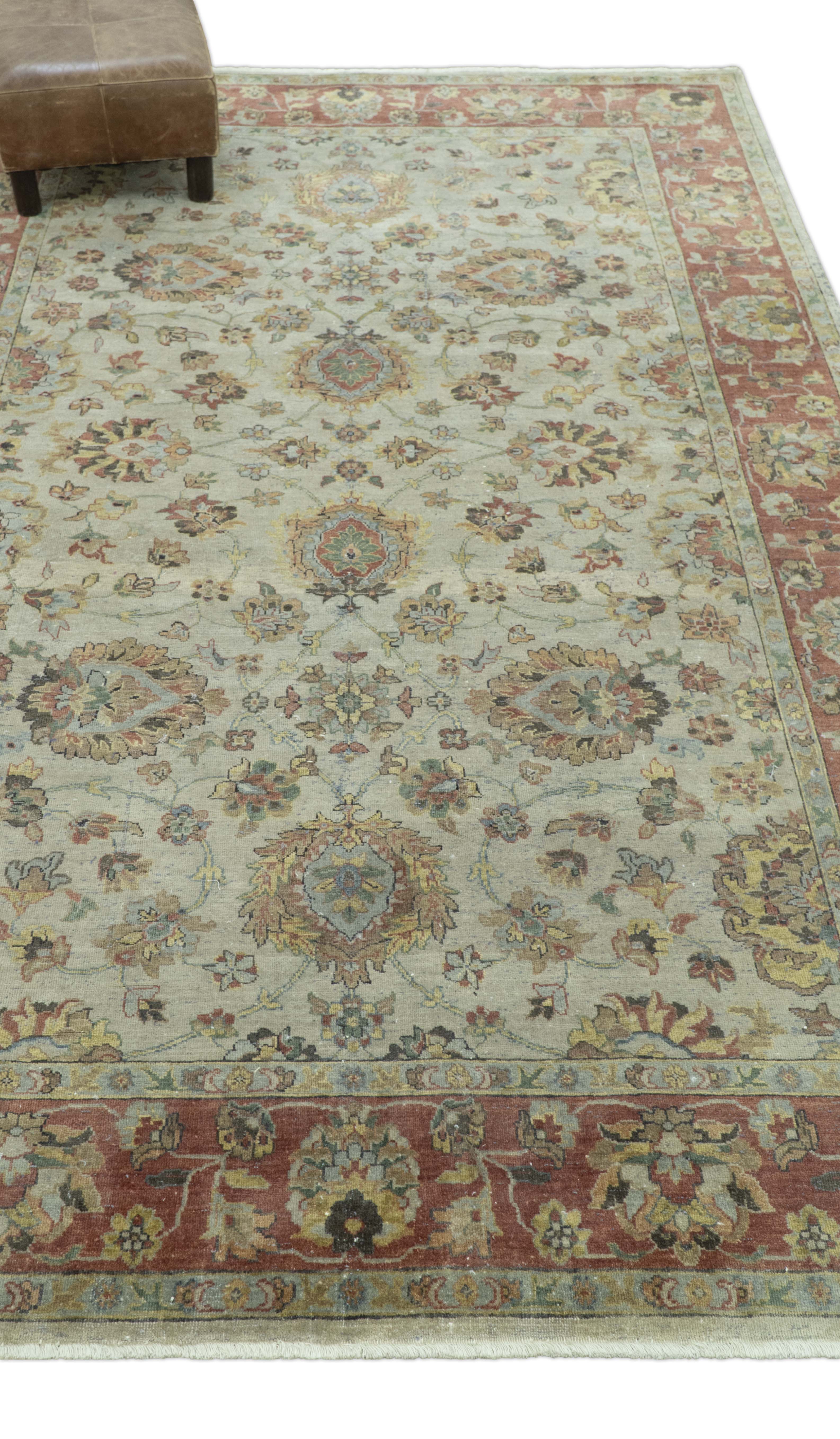 Traditional Turkish Design Beige and Rust 6x8.6 Hand Knotted Wool Area Rug - Image 9
