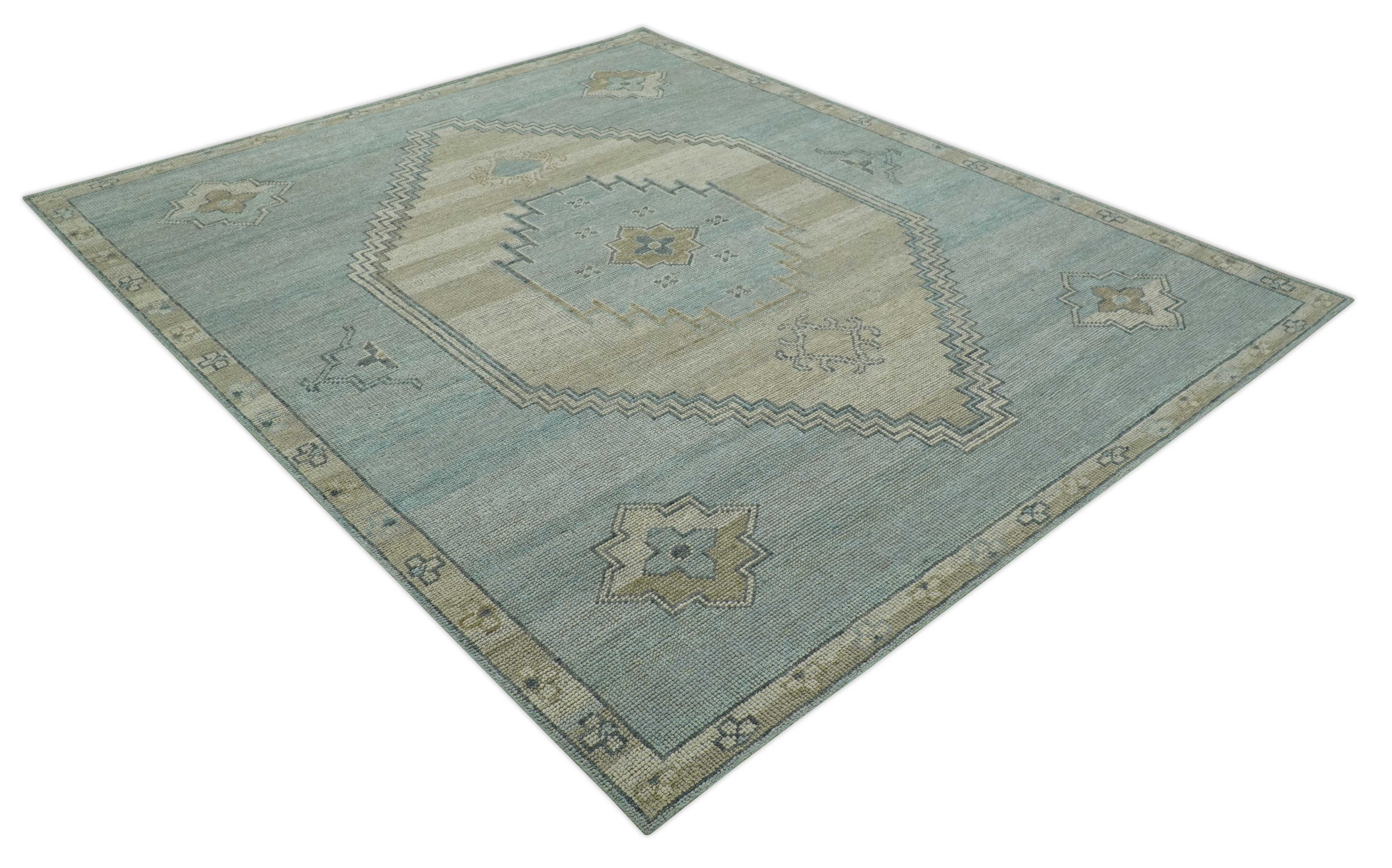 Traditional Medallion Design Blue and Beige Hand Knotted Wool Rug Custom Made - Image 11