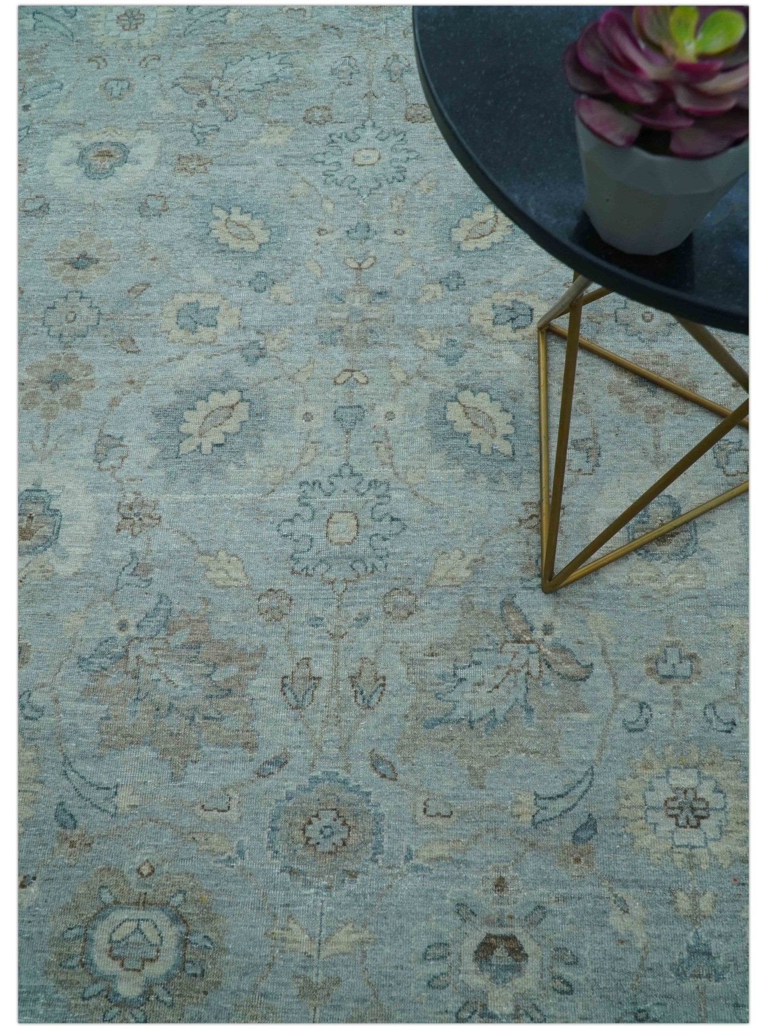 Traditional Turkish Design Blue And Beige 10x14 Hand Knotted Wool Area Rug - Image 3