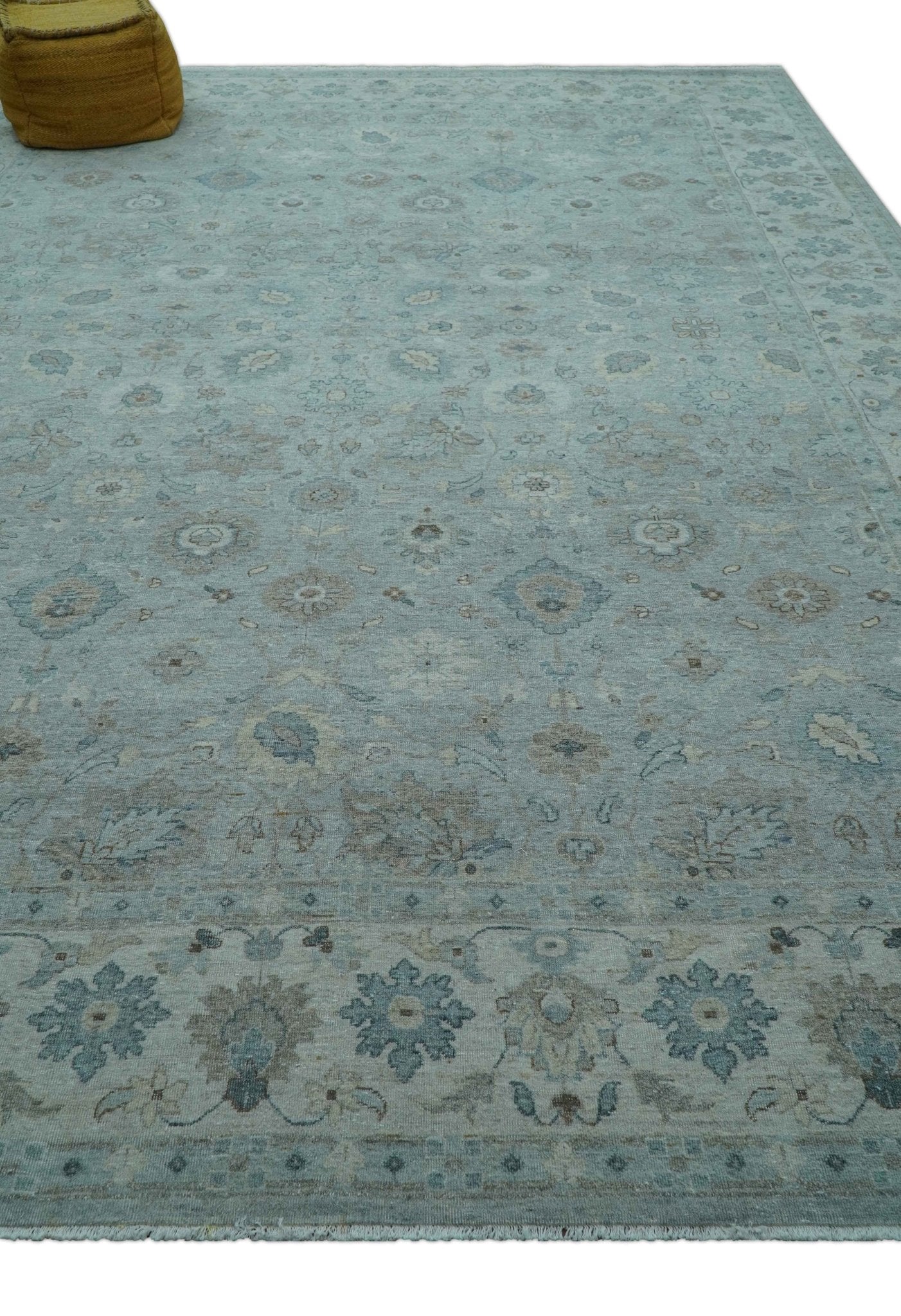 Traditional Turkish Design Blue And Beige 10x14 Hand Knotted Wool Area Rug - Image 9