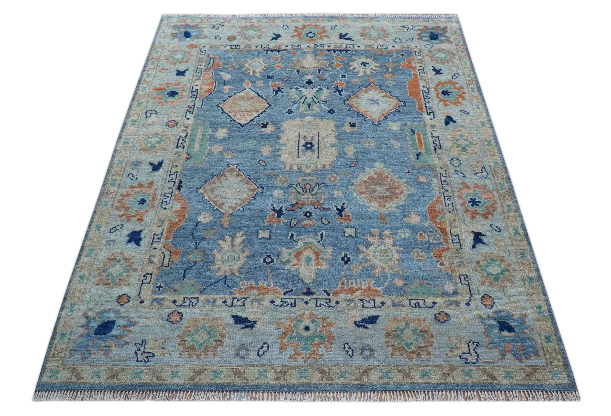 Traditional Turkish Design Blue And Beige 8x10 Hand knotted Wool Area Rug - Image 11