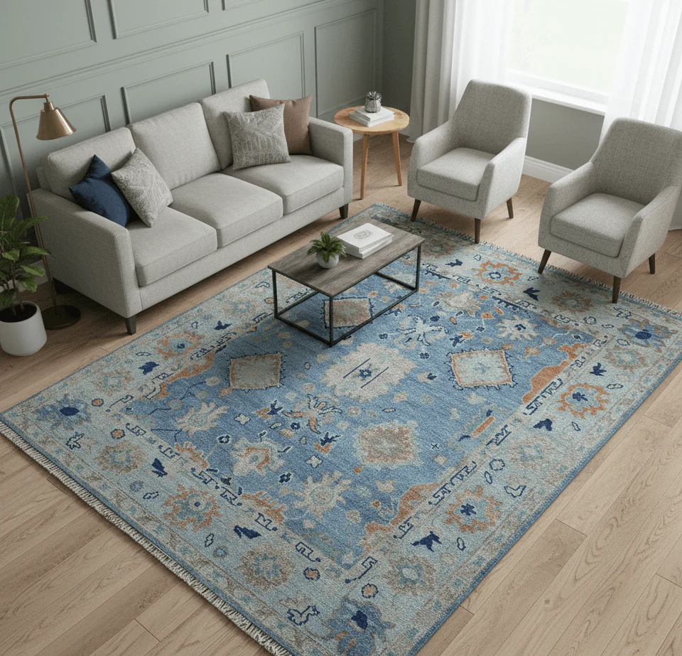 Traditional Turkish Design Blue And Beige 8x10 Hand knotted Wool Area Rug - Image 2