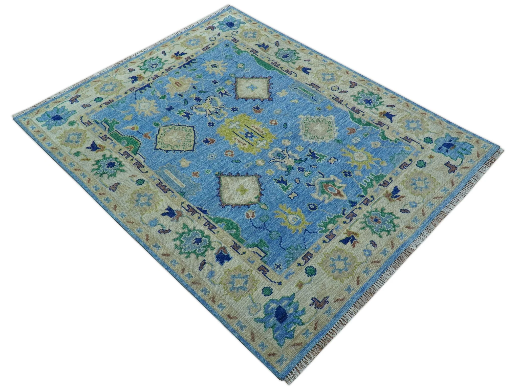 Traditional Turkish Design Blue And Ivory 8x10 Hand knotted Wool Rug - Image 10