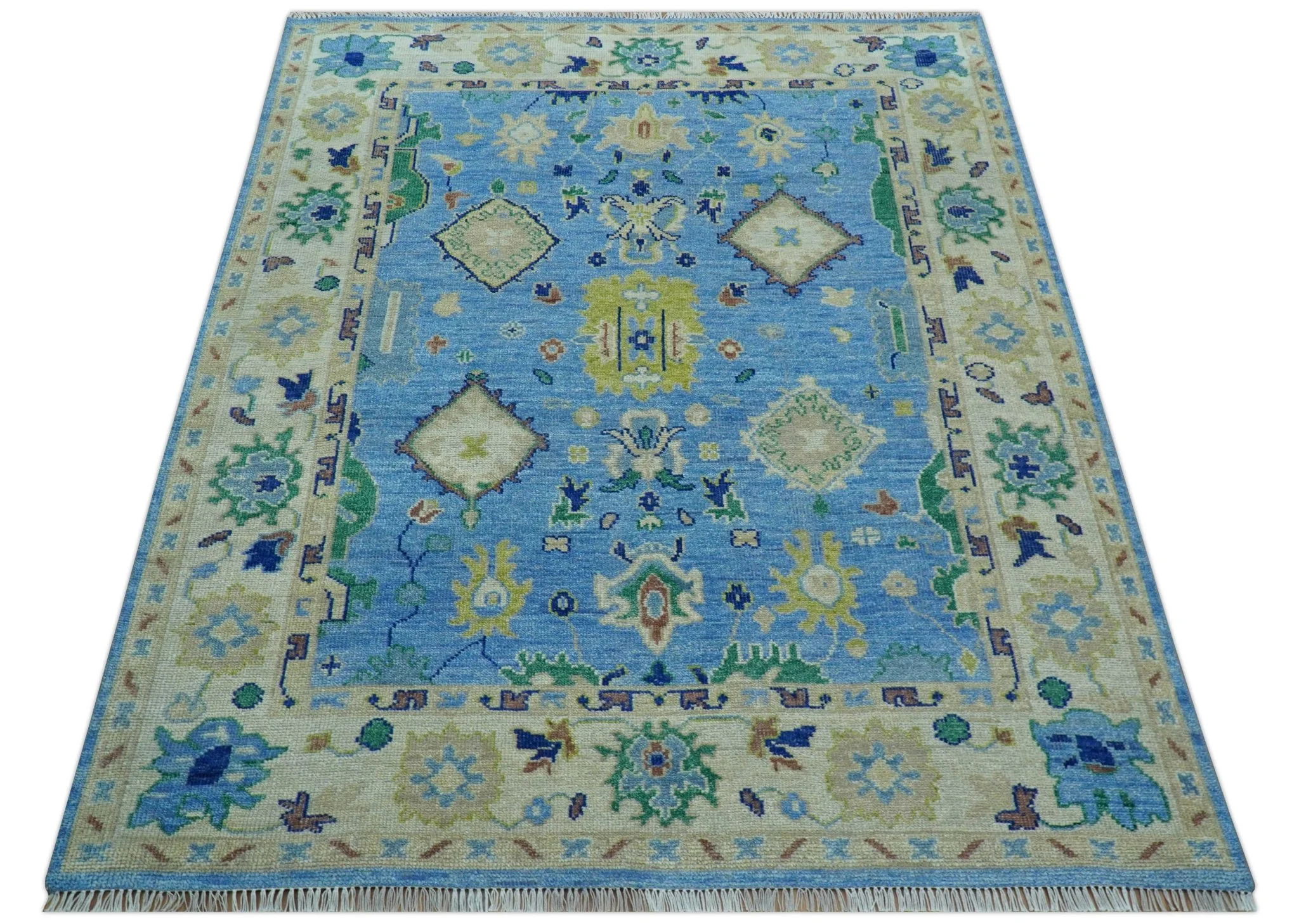 Traditional Turkish Design Blue And Ivory 8x10 Hand knotted Wool Rug - Image 11