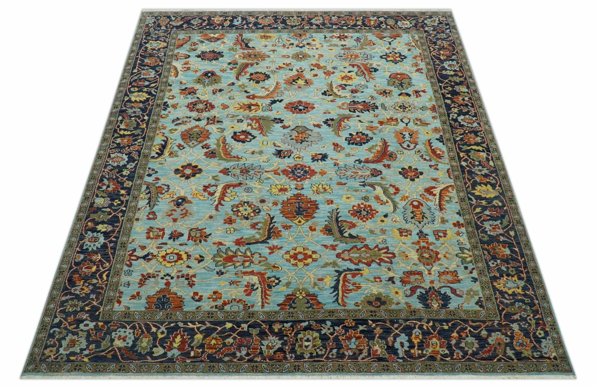Traditional Turkish Knot Fine Blue And Rust Hand knotted Wool Area Rug - Image 10