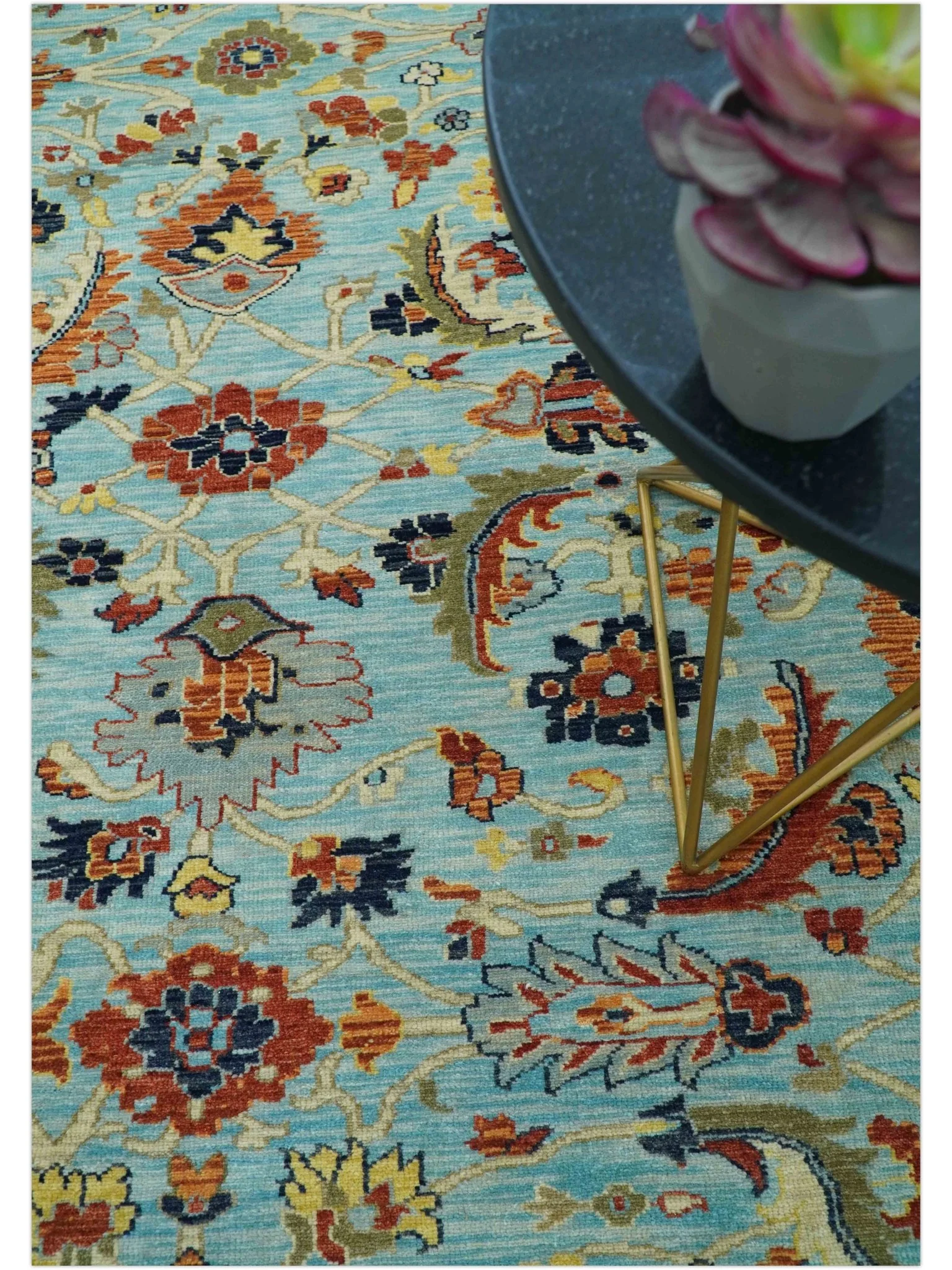 Traditional Turkish Knot Fine Blue And Rust Hand knotted Wool Area Rug - Image 3