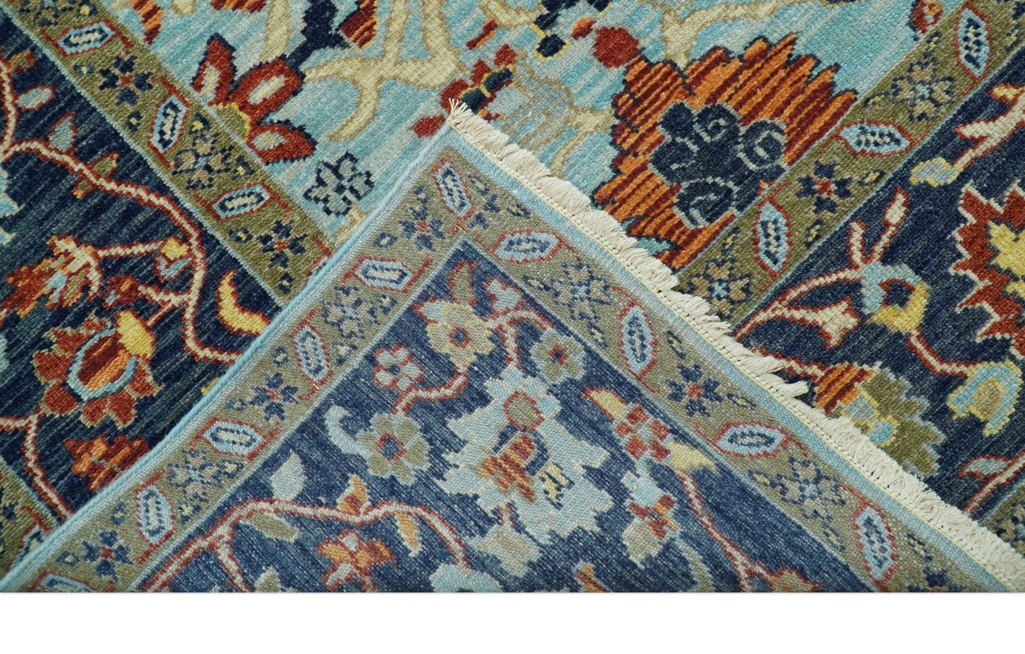 Traditional Turkish Knot Fine Blue And Rust Hand knotted Wool Area Rug - Image 5