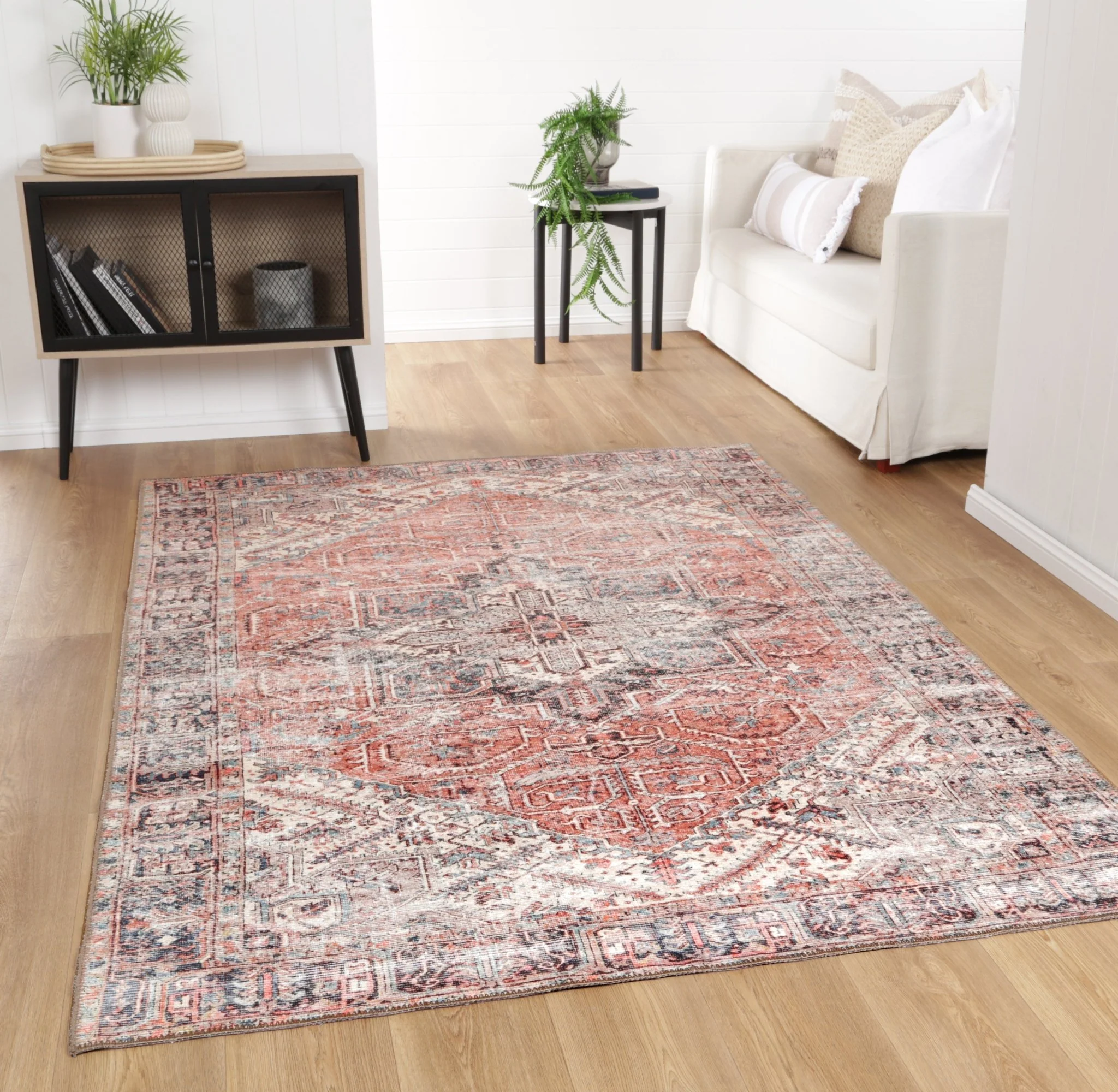 Traditional Turkish Design Machine Washable Rust And Beige Rug - Image 2