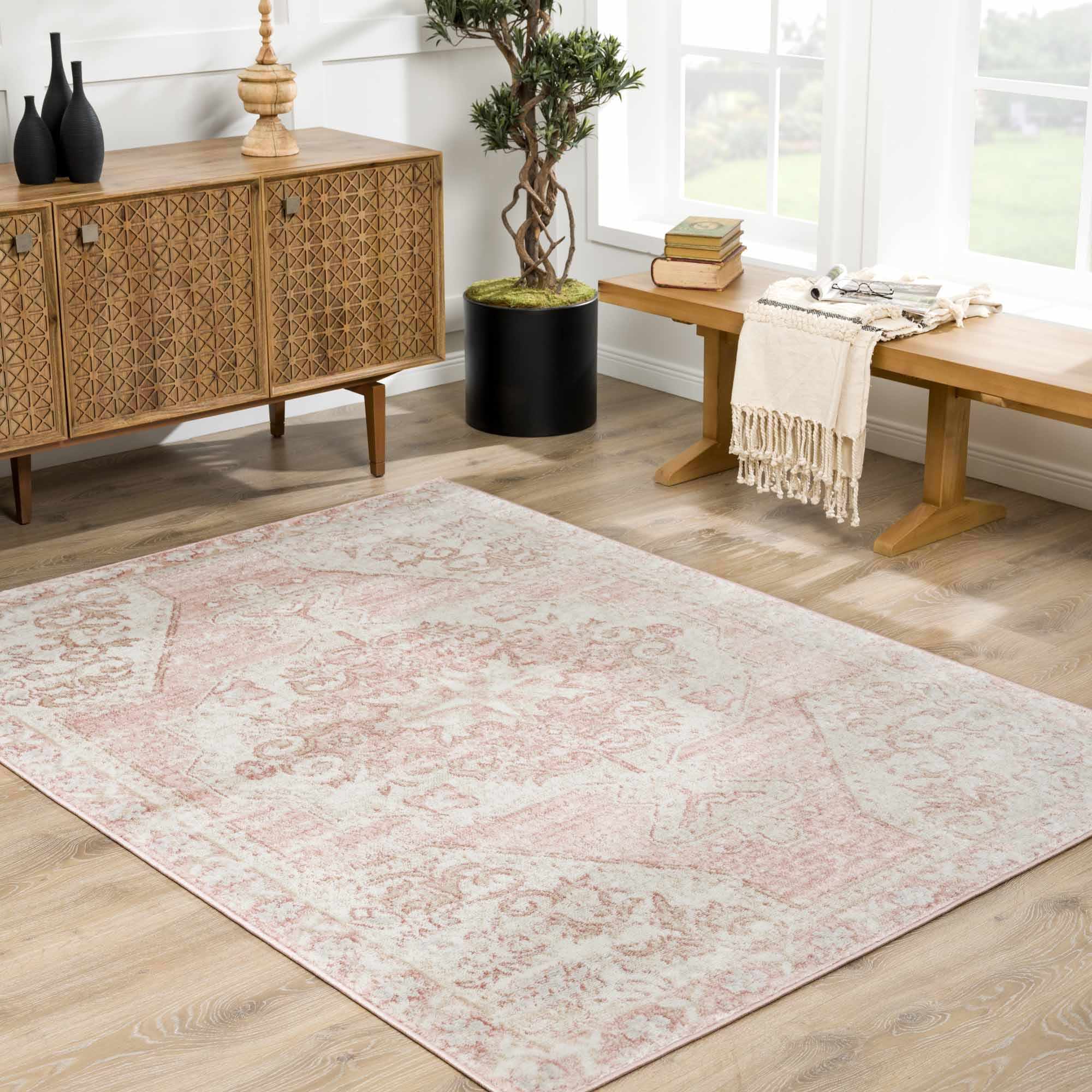 Traditional Turkish Design Pink gold and Off white medium pile Area Rug - Image 5