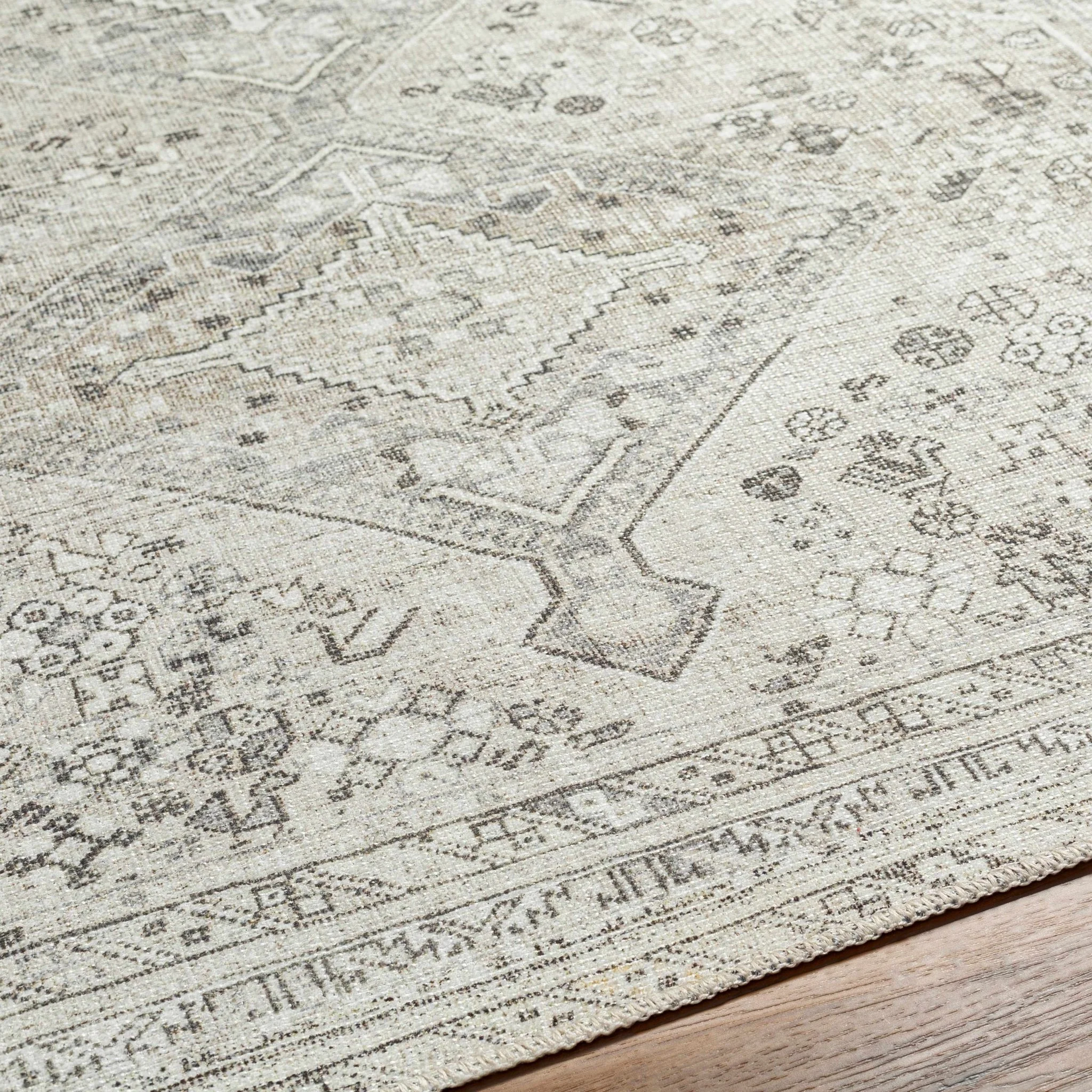 Earthy Neutral Traditional Turkish Machine Woven Beige and Charcoal Machine Washable Rug - Image 13