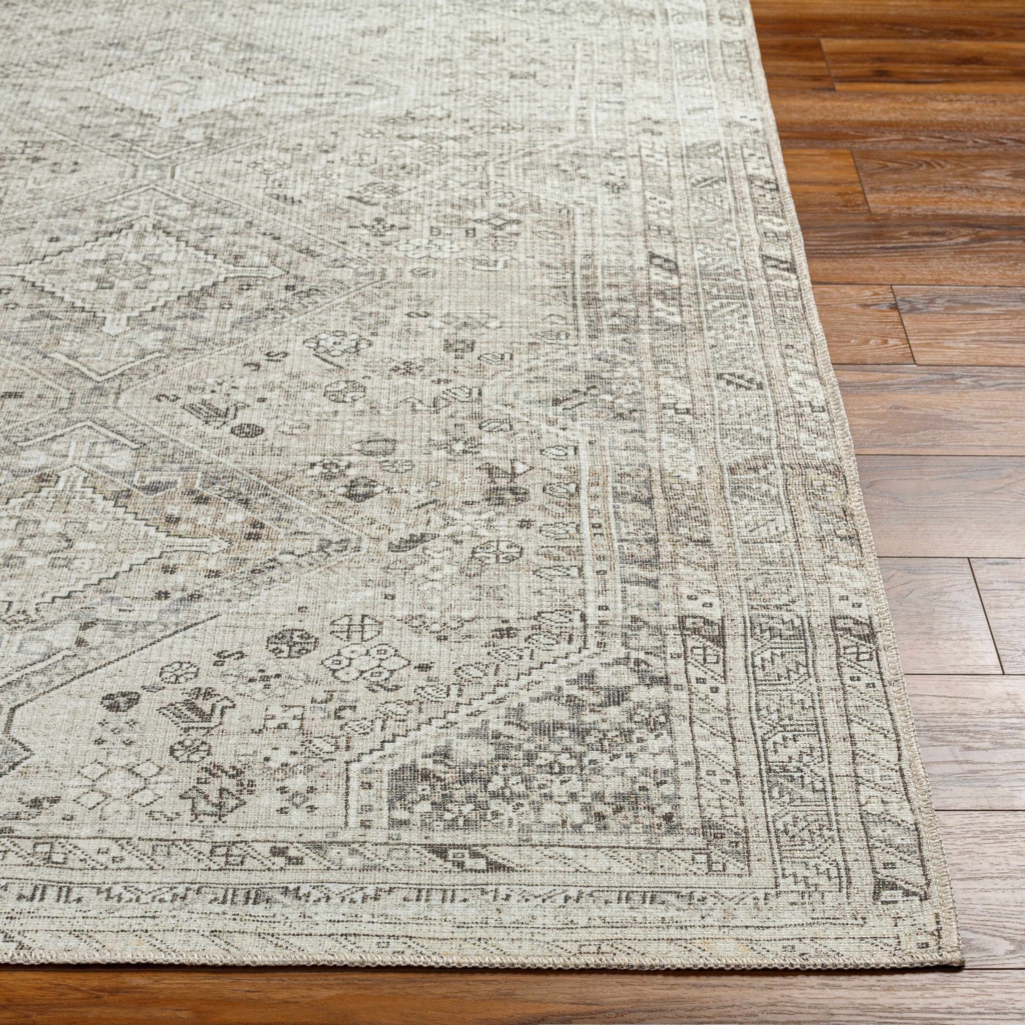 Earthy Neutral Traditional Turkish Machine Woven Beige and Charcoal Machine Washable Rug - Image 15