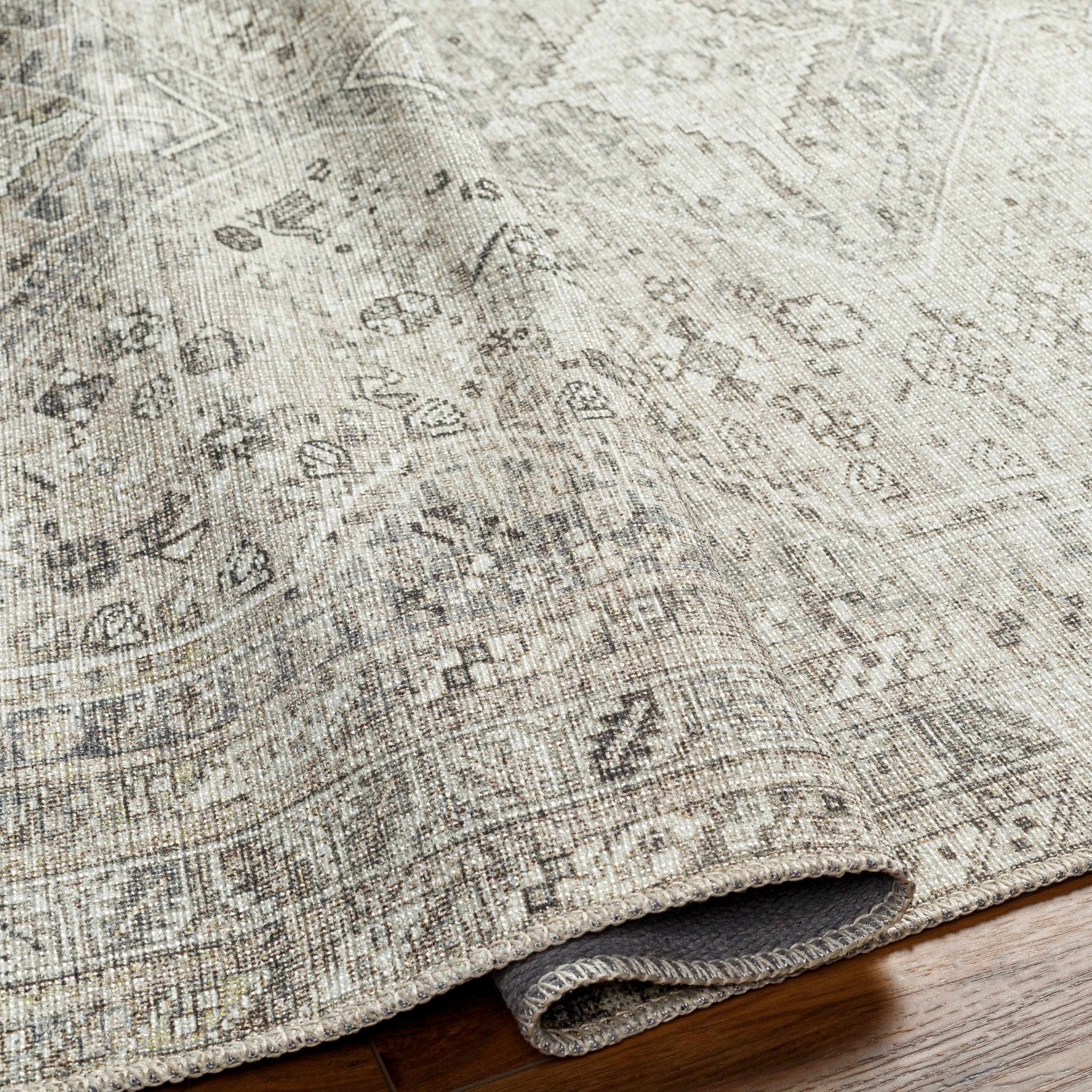 Earthy Neutral Traditional Turkish Machine Woven Beige and Charcoal Machine Washable Rug - Image 2