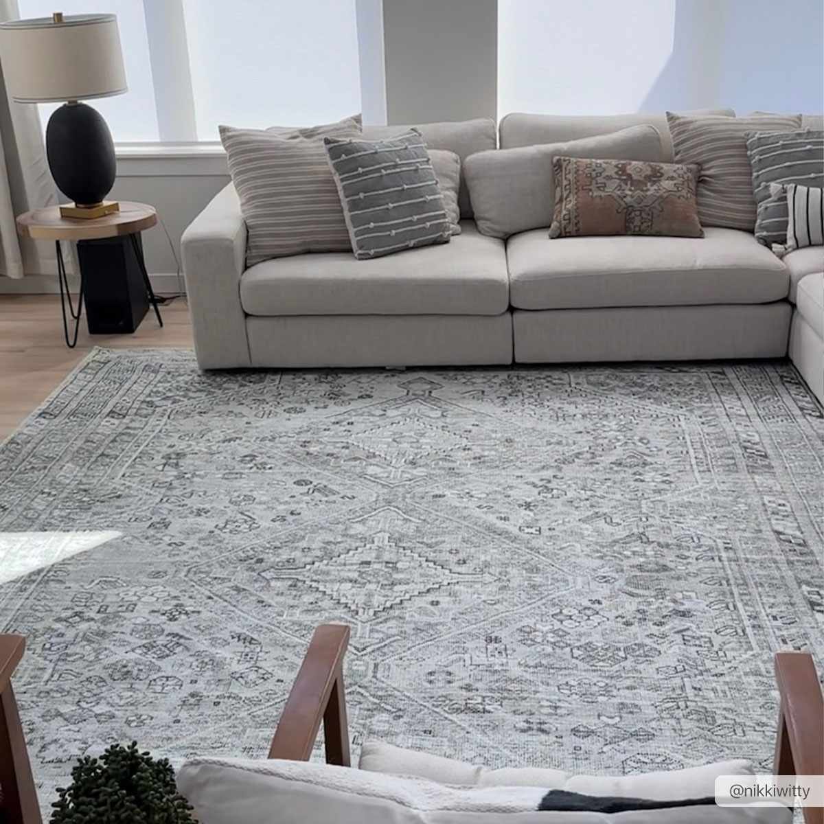 Earthy Neutral Traditional Turkish Machine Woven Beige and Charcoal Machine Washable Rug - Image 6