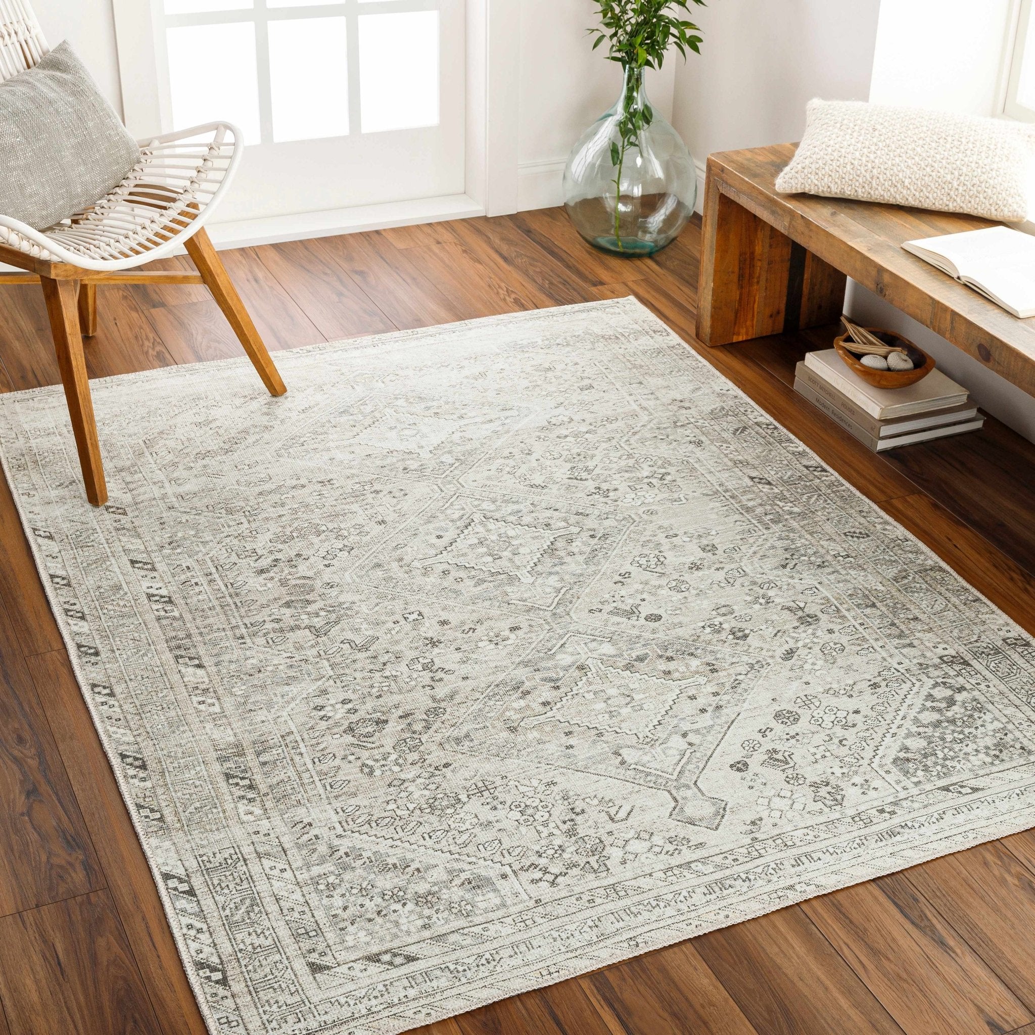 Earthy Neutral Traditional Turkish Machine Woven Beige and Charcoal Machine Washable Rug - Image 9