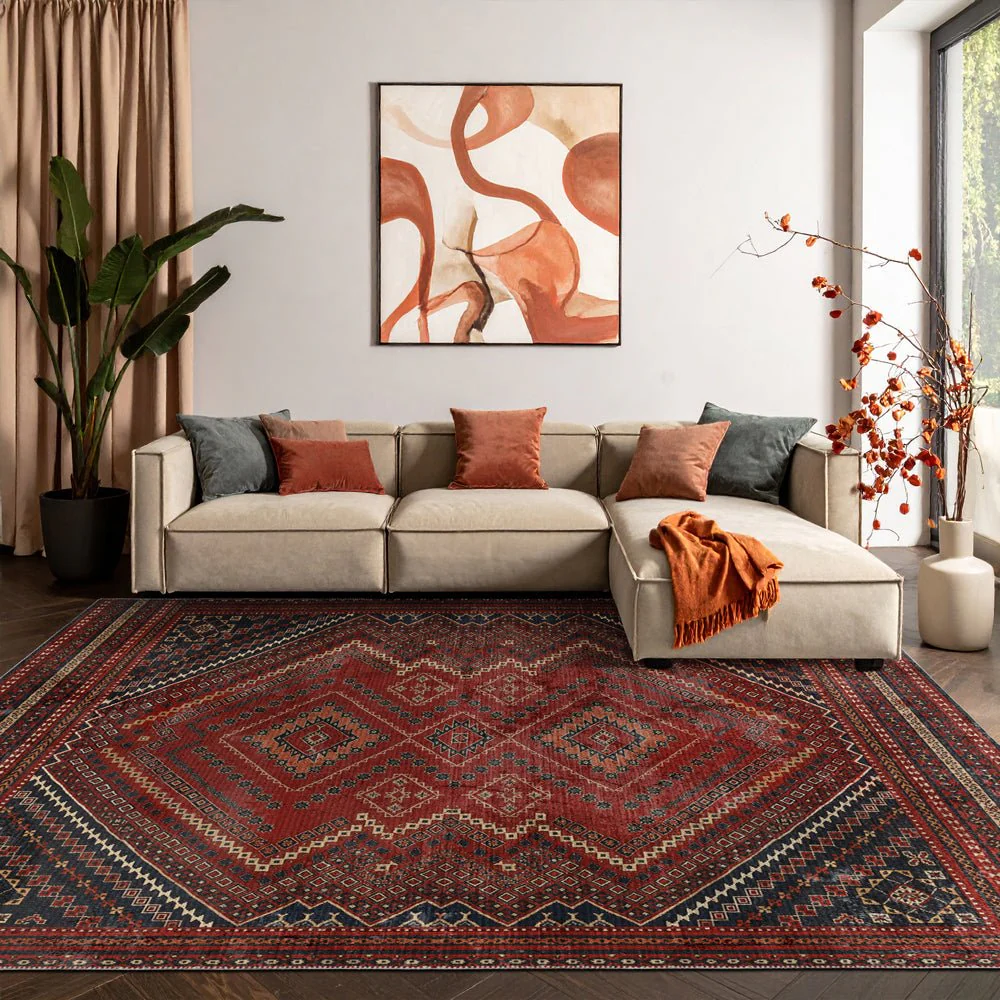 Traditional Turkish Maroon Machine Washable Cotton Area Rug - Image 5