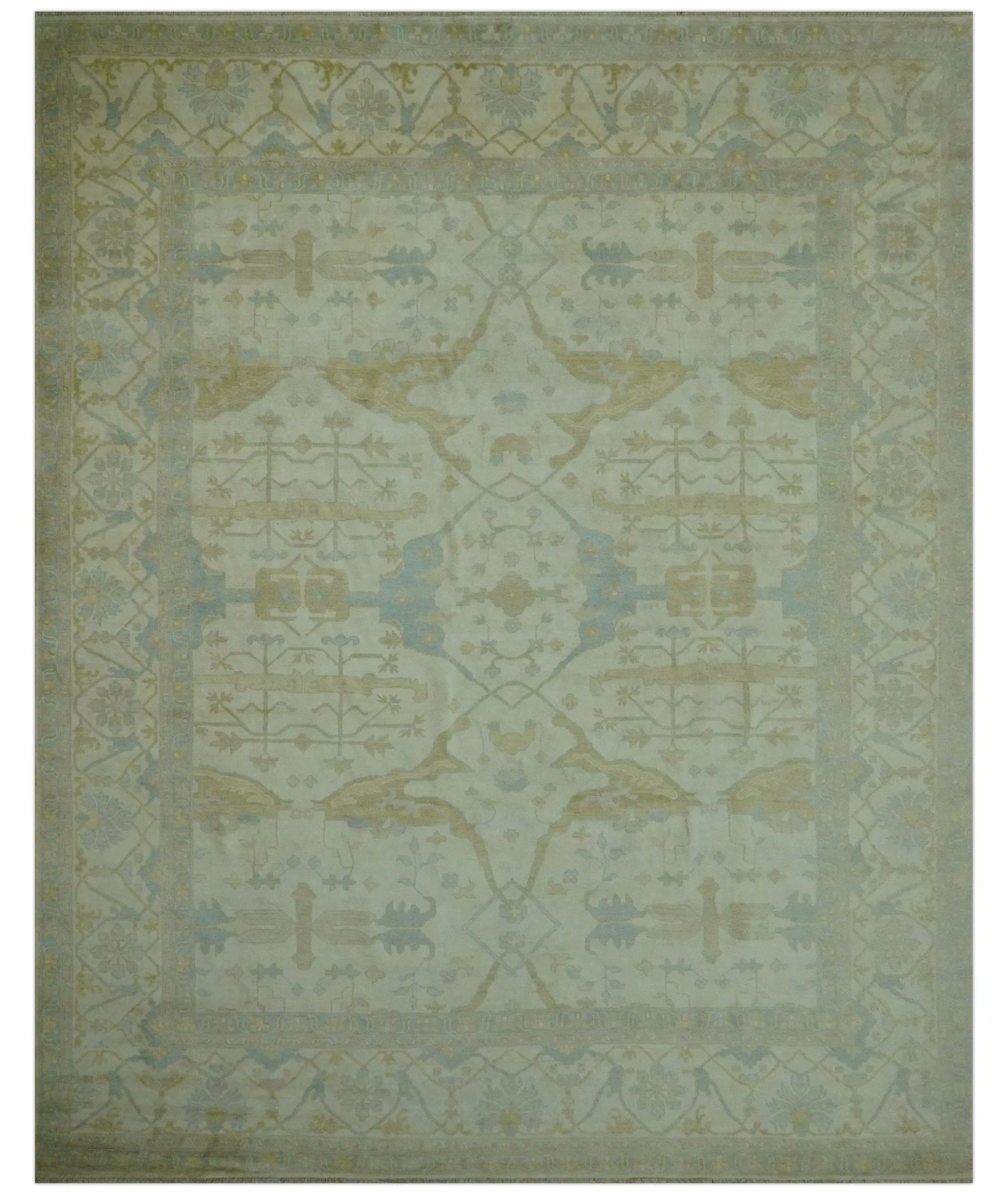 Traditional Turkish Oushak Design Beige And Blue Hand Knotted 12.4x15 Wool Area Rug - Image 10
