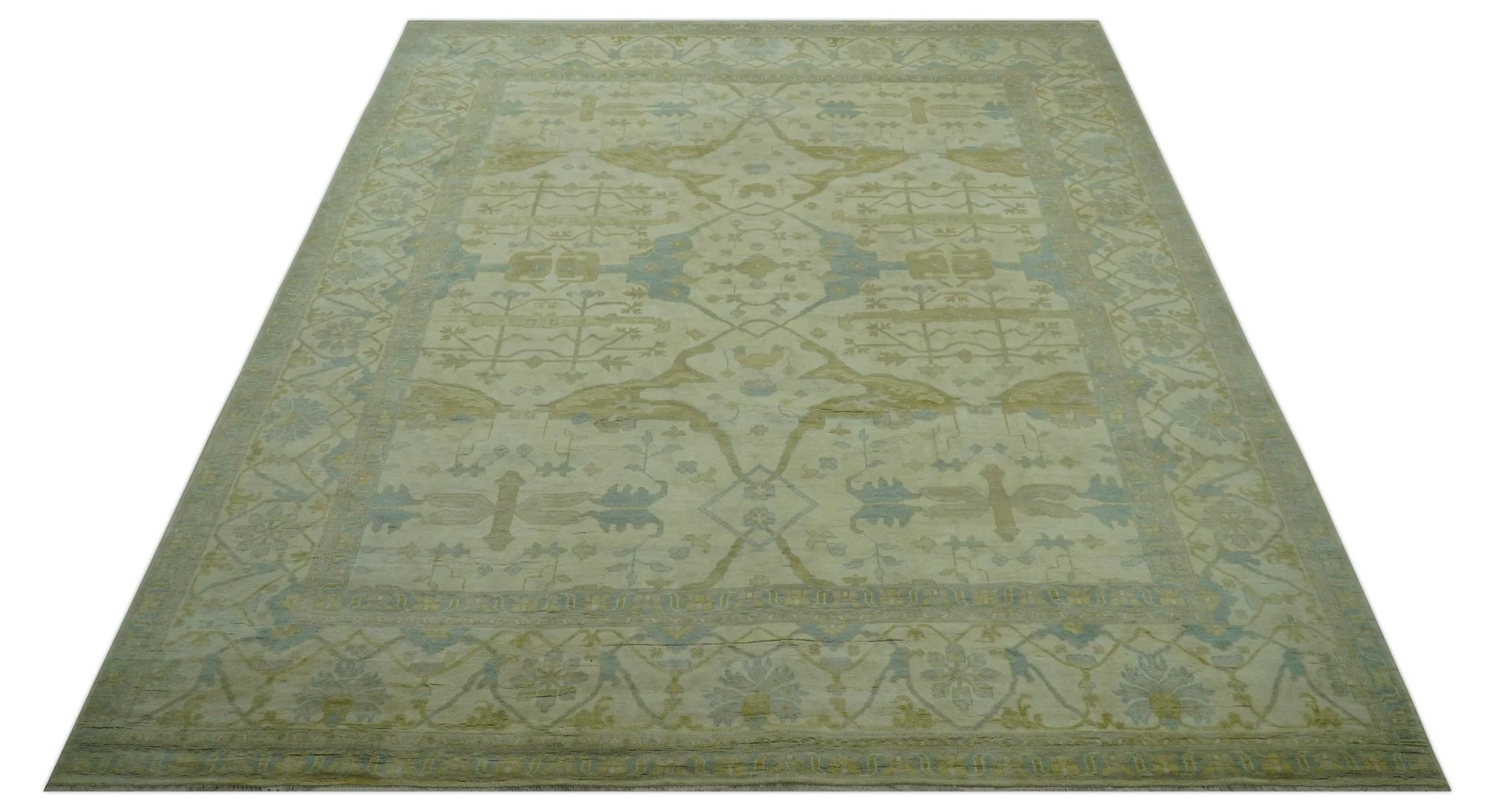 Traditional Turkish Oushak Design Beige And Blue Hand Knotted 12.4x15 Wool Area Rug - Image 11