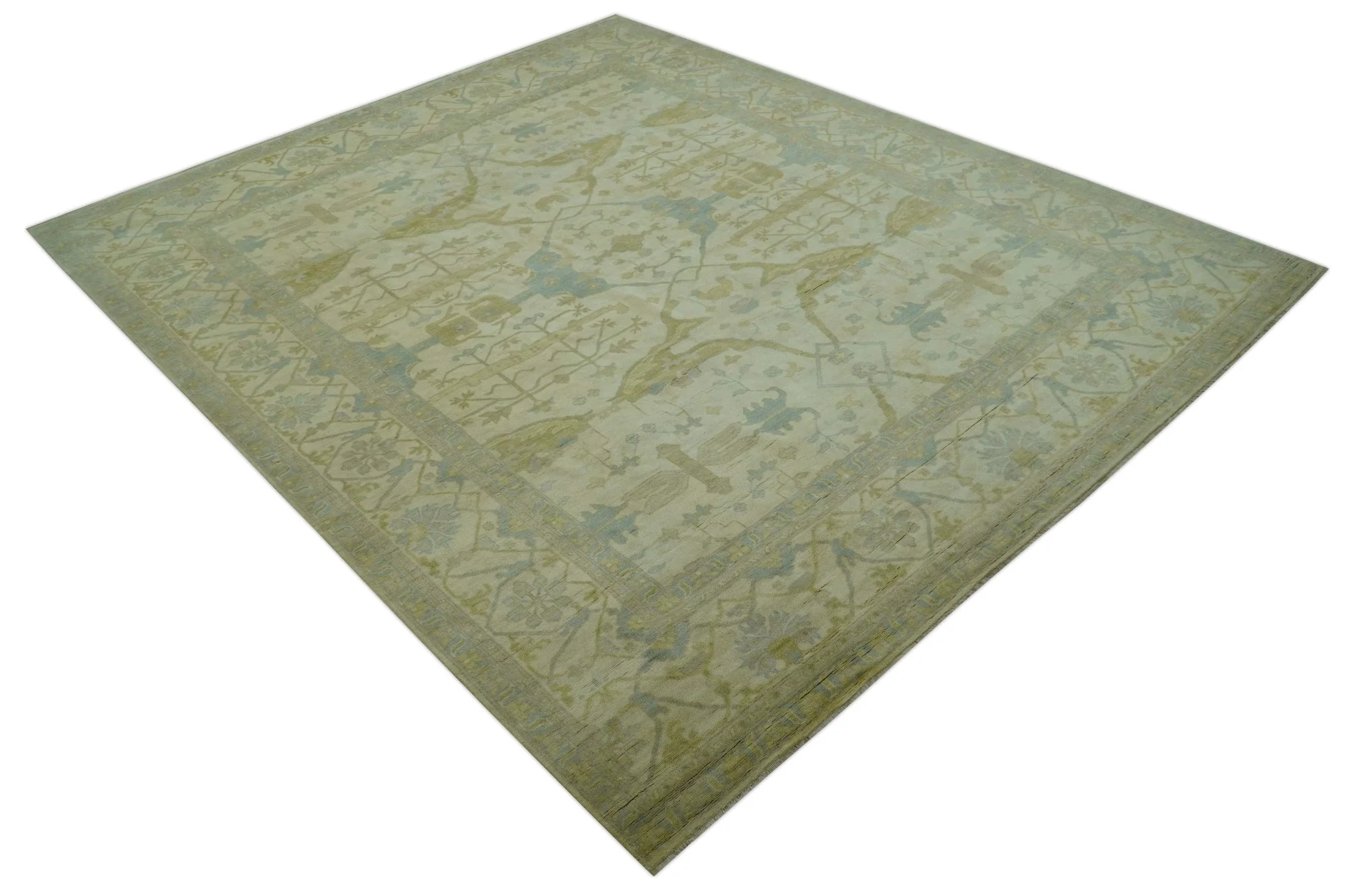 Traditional Turkish Oushak Design Beige And Blue Hand Knotted 12.4x15 Wool Area Rug - Image 12