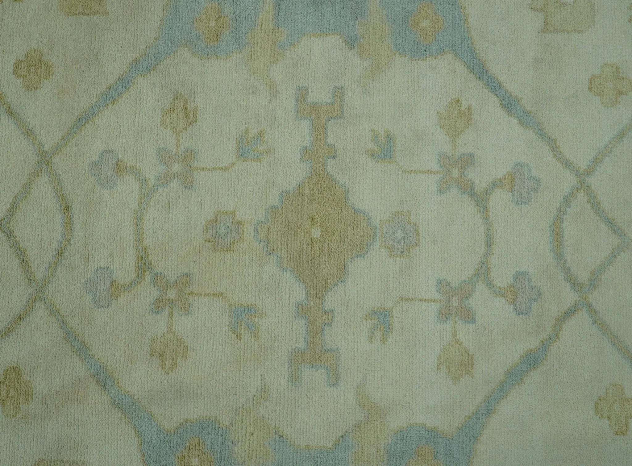 Traditional Turkish Oushak Design Beige And Blue Hand Knotted 12.4x15 Wool Area Rug - Image 4