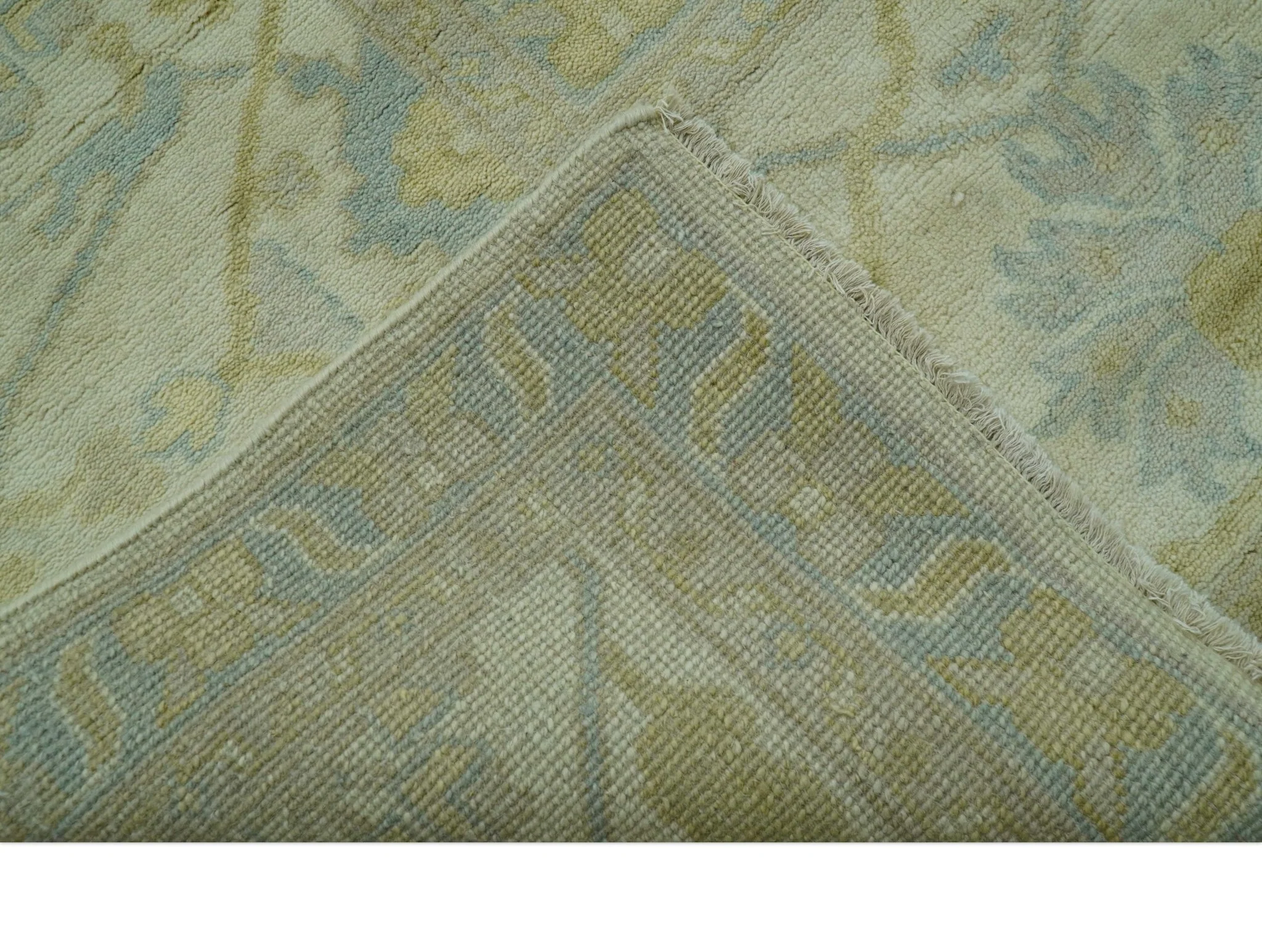 Traditional Turkish Oushak Design Beige And Blue Hand Knotted 12.4x15 Wool Area Rug - Image 6