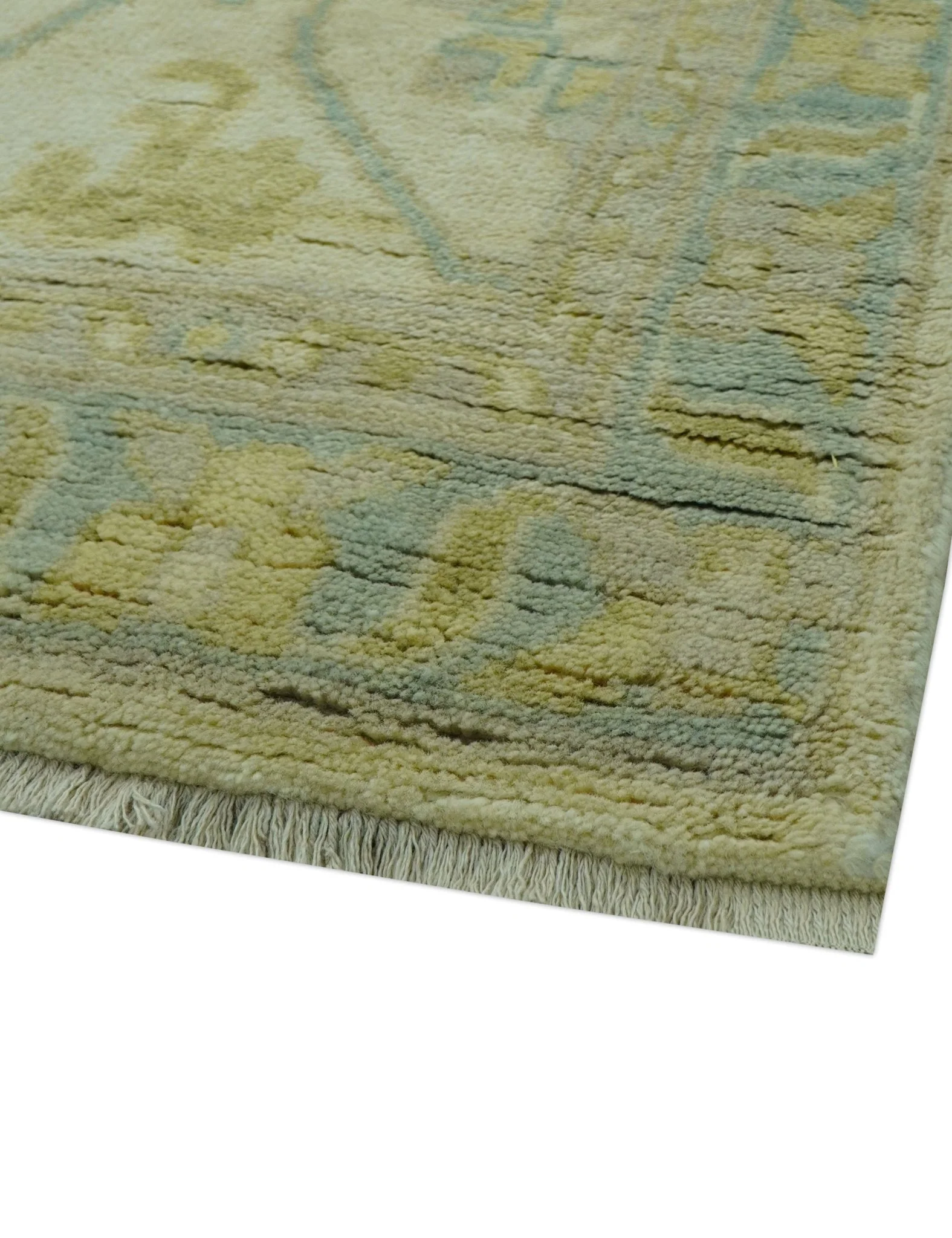 Traditional Turkish Oushak Design Beige And Blue Hand Knotted 12.4x15 Wool Area Rug - Image 8