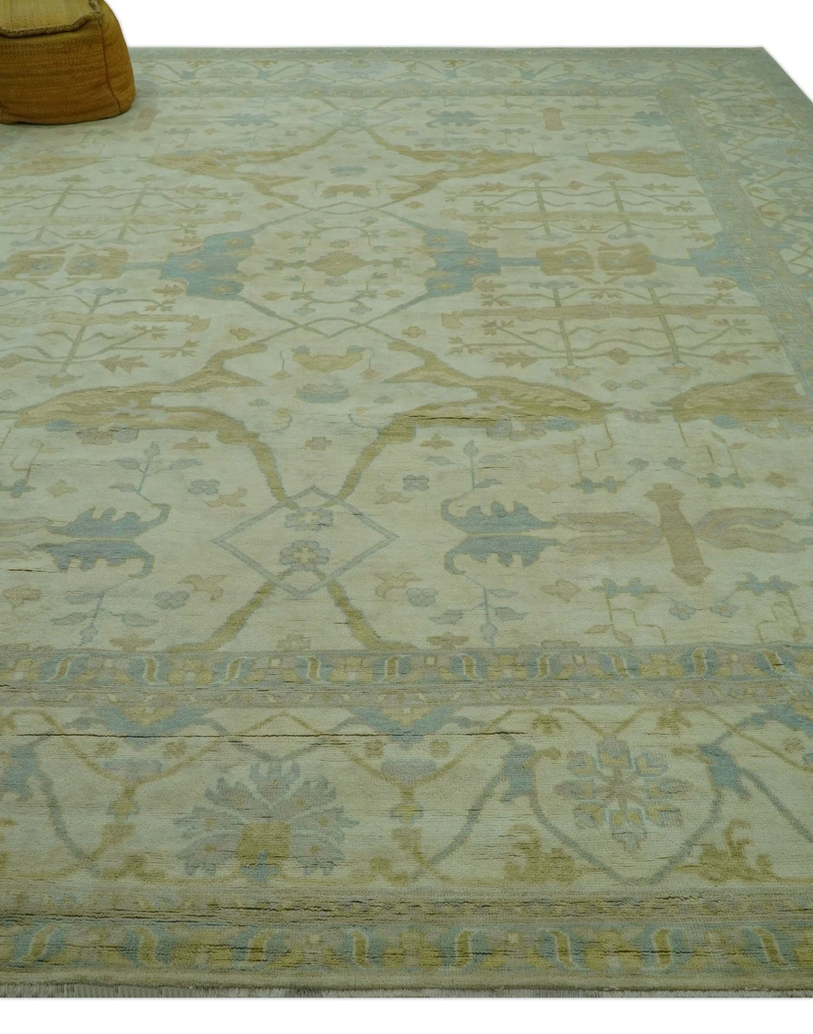 Traditional Turkish Oushak Design Beige And Blue Hand Knotted 12.4x15 Wool Area Rug - Image 9