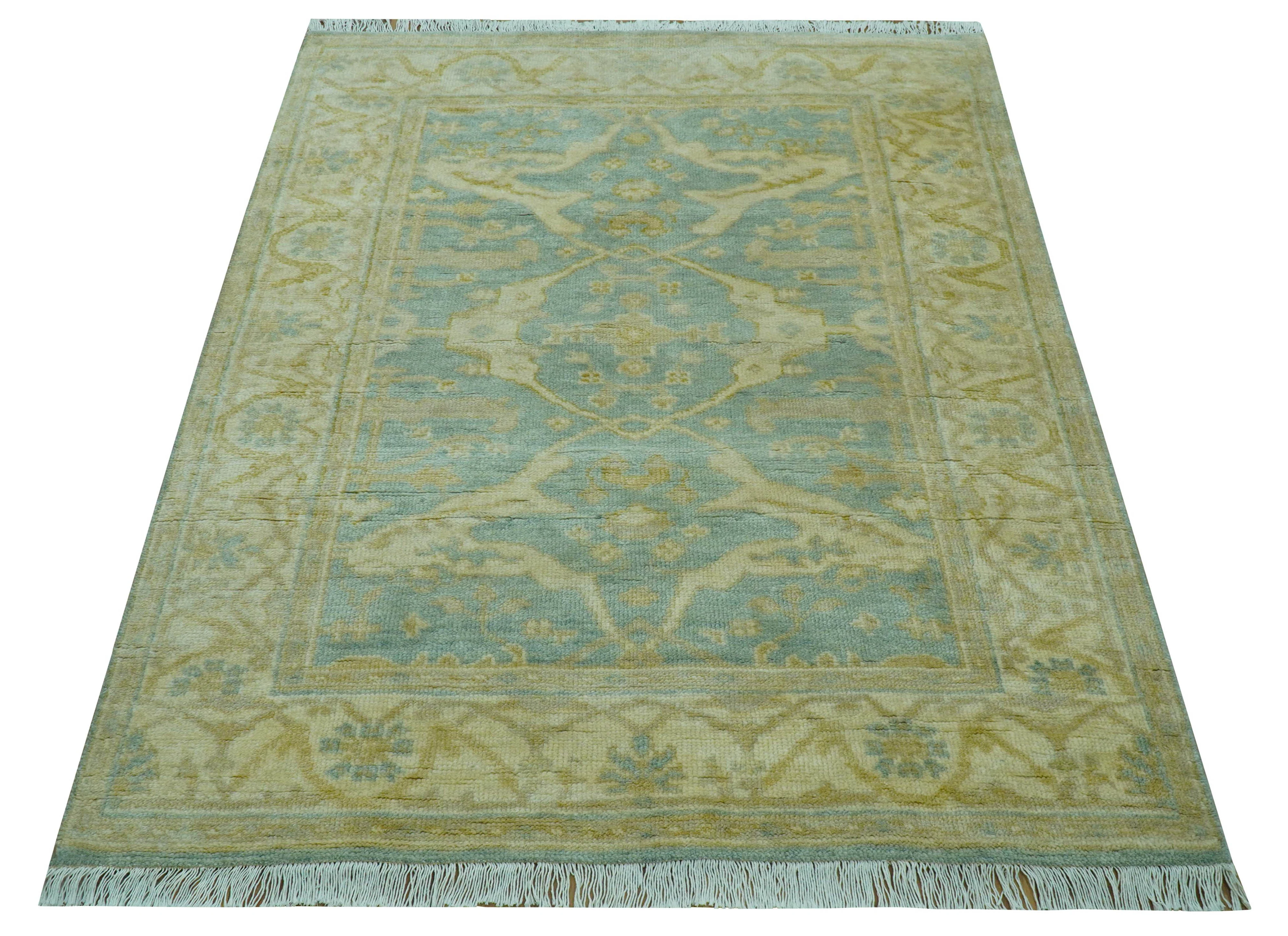 Traditional Oushak Design Blue And Beige 4x6 Hand Knotted Wool Area Rug - Image 8