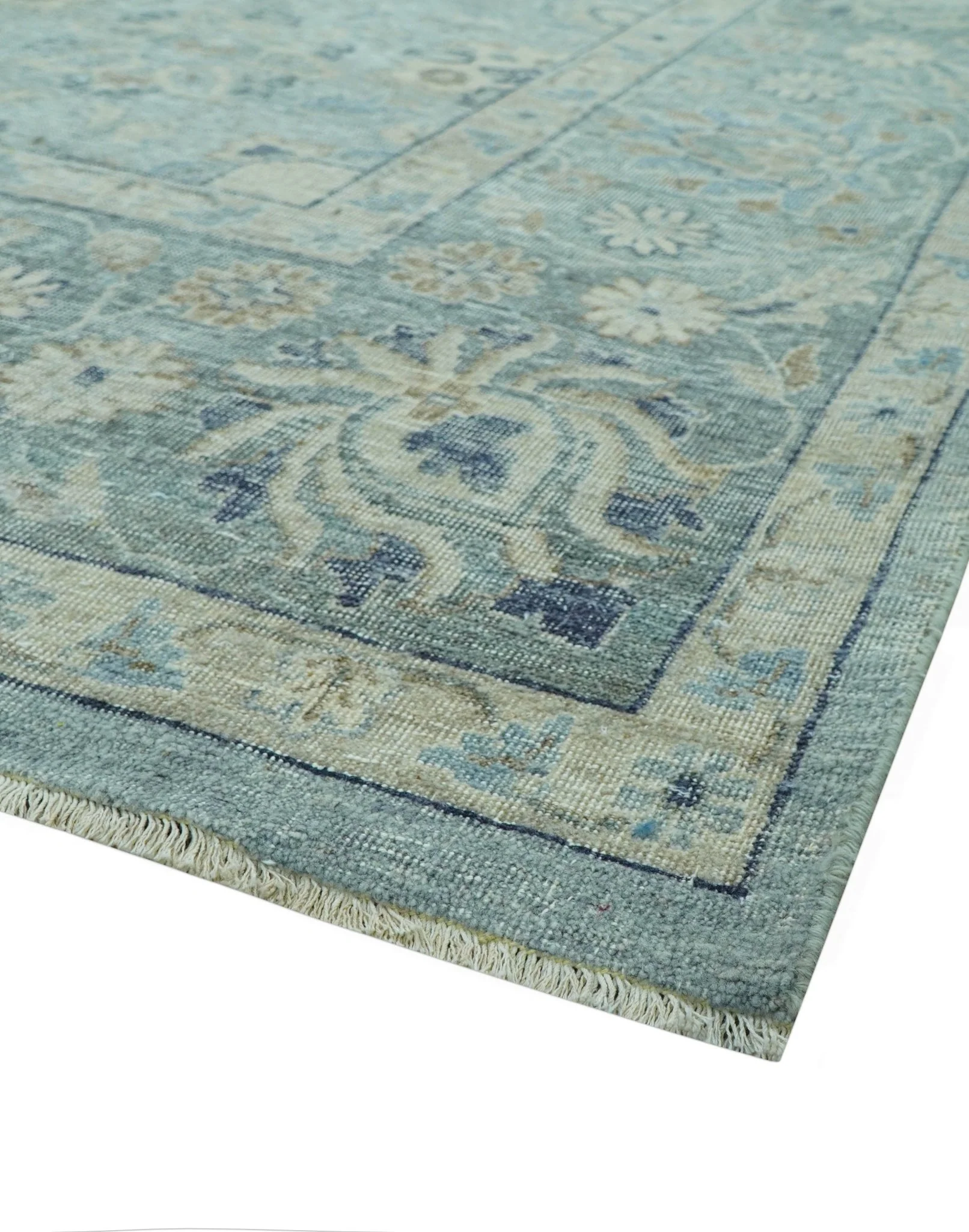 Distressed traditional And Beige Hand Knotted 10x14 Wool Area Rug - Image 8